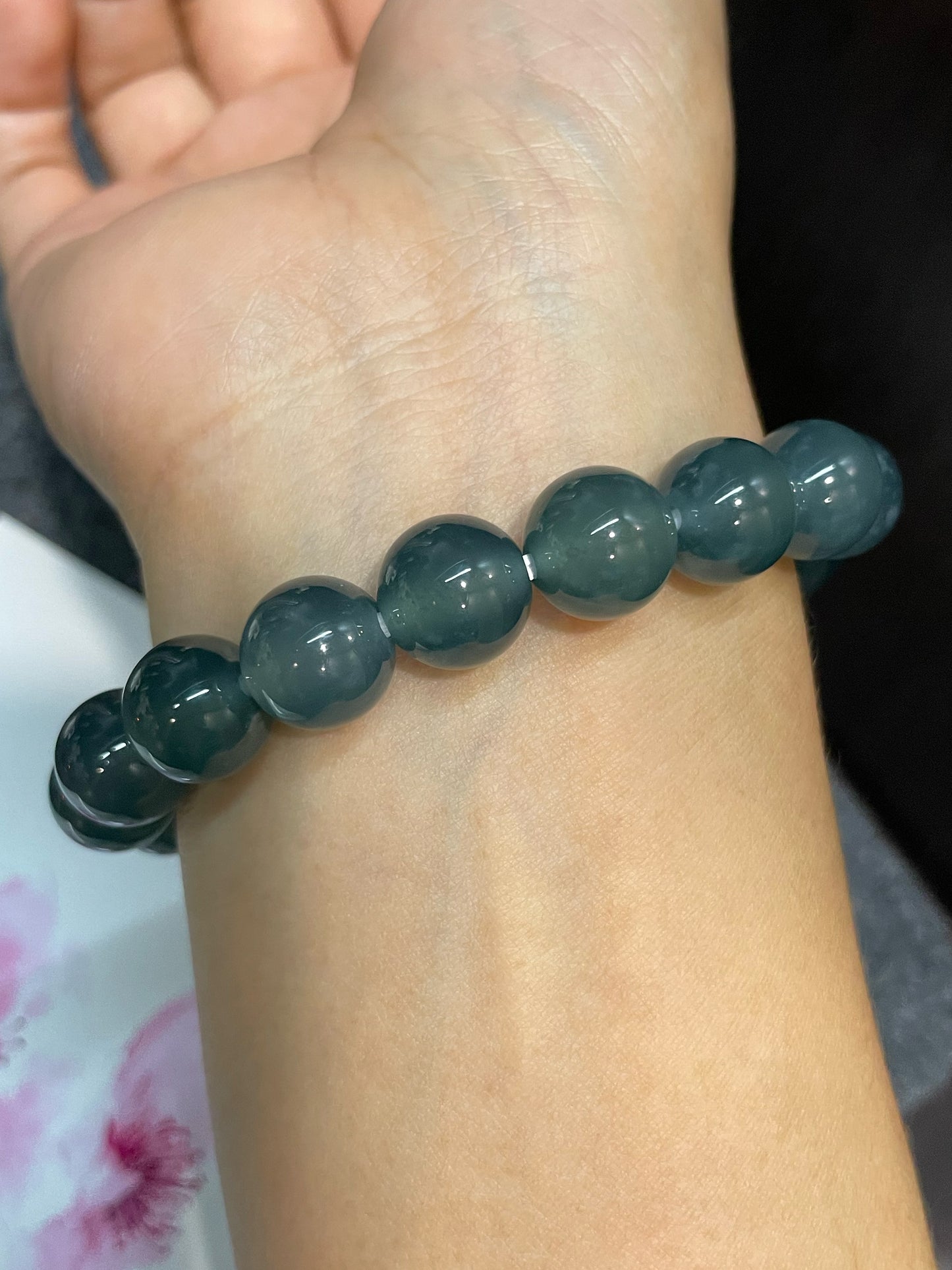 Greenish Blue Jade Bracelet - Round Beads (NJBA115)