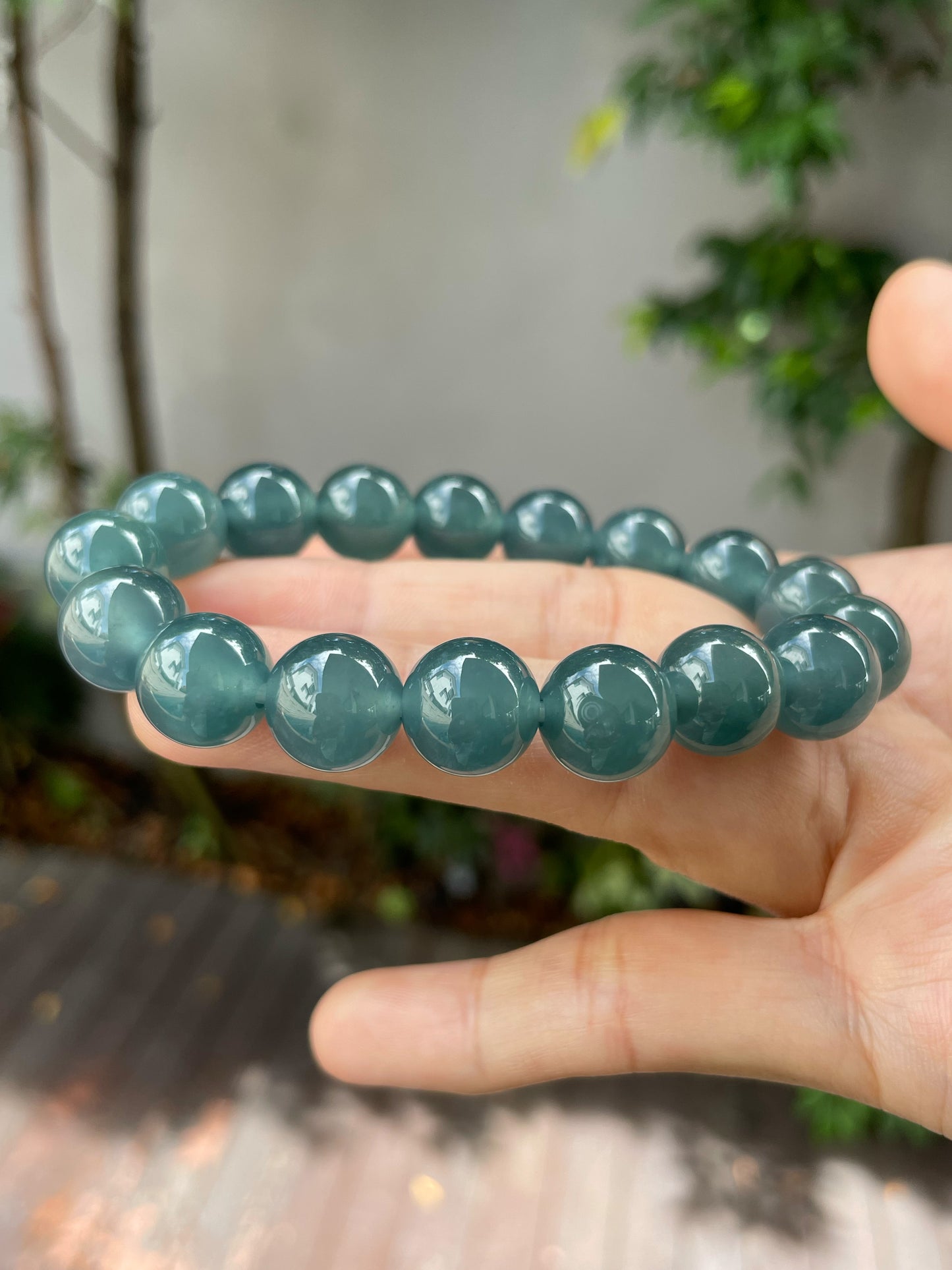 Greenish Blue Jade Bracelet - Round Beads (NJBA115)