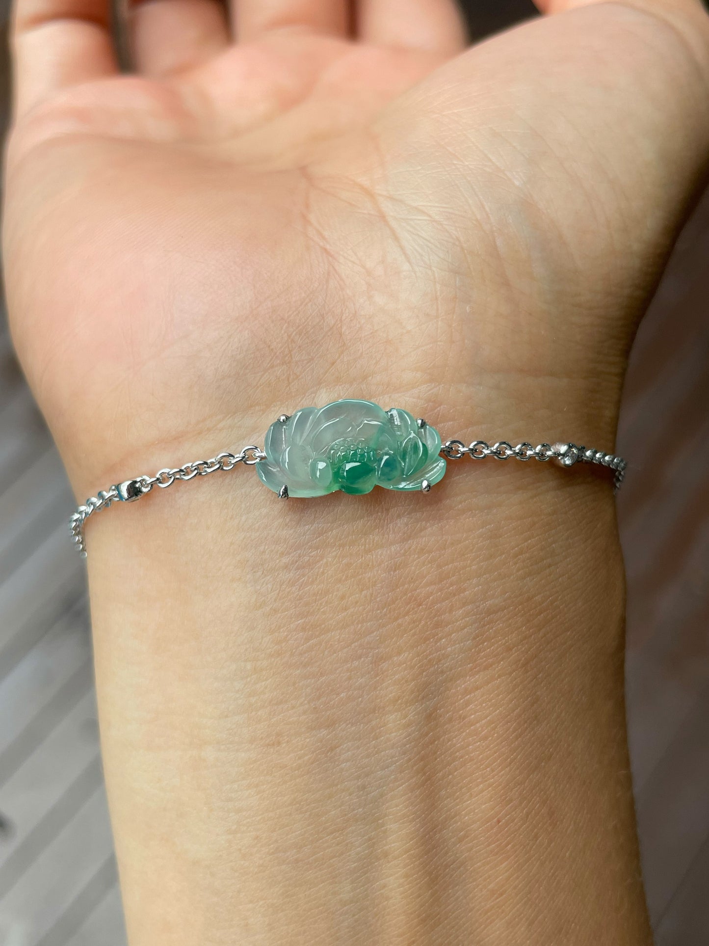 Icy Green Jade Bracelet - Lotus Flower (NJBA172)