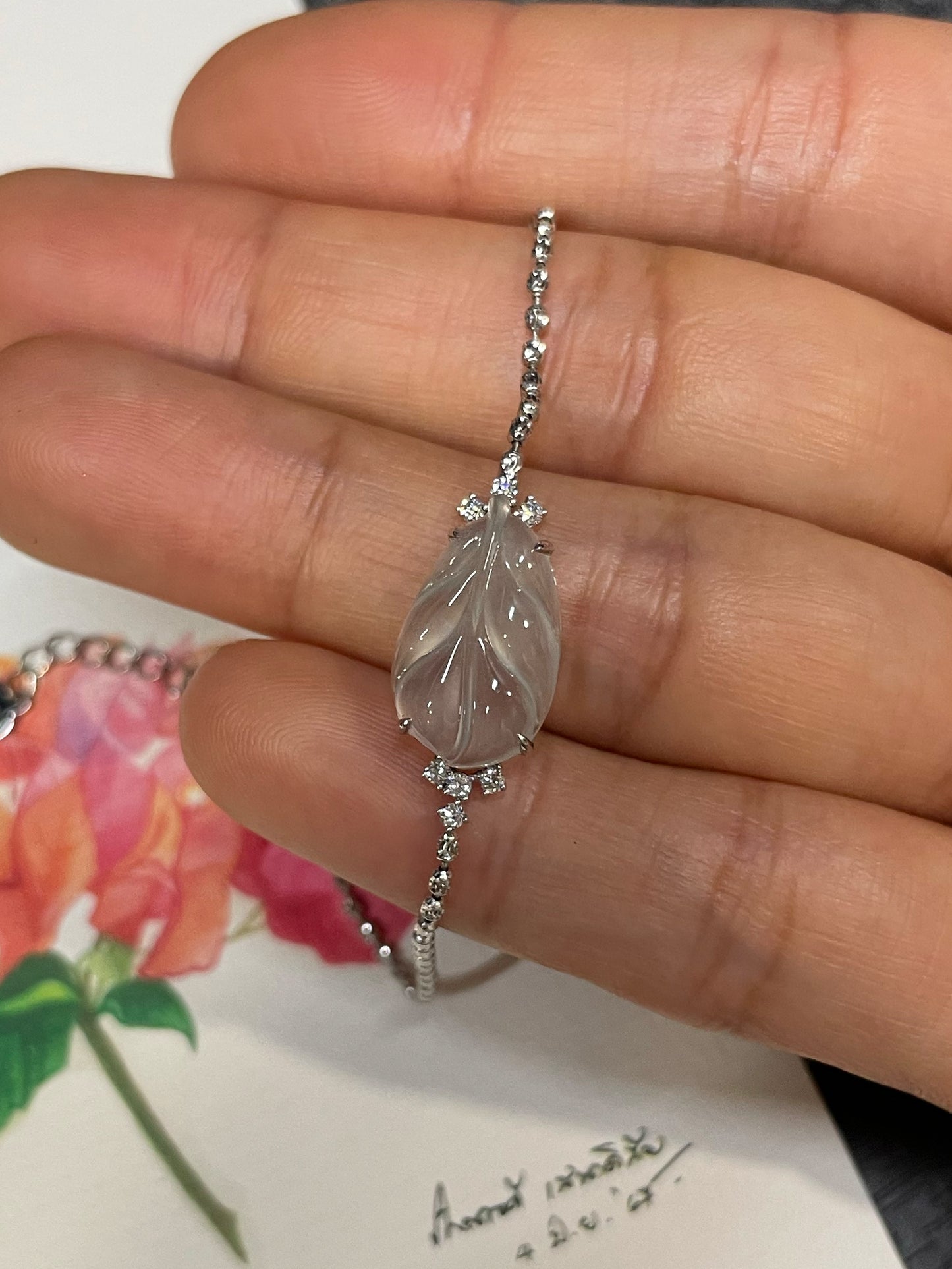 Glassy Jadeite Bracelet - Leaf Carving 叶子 (NJBA186)