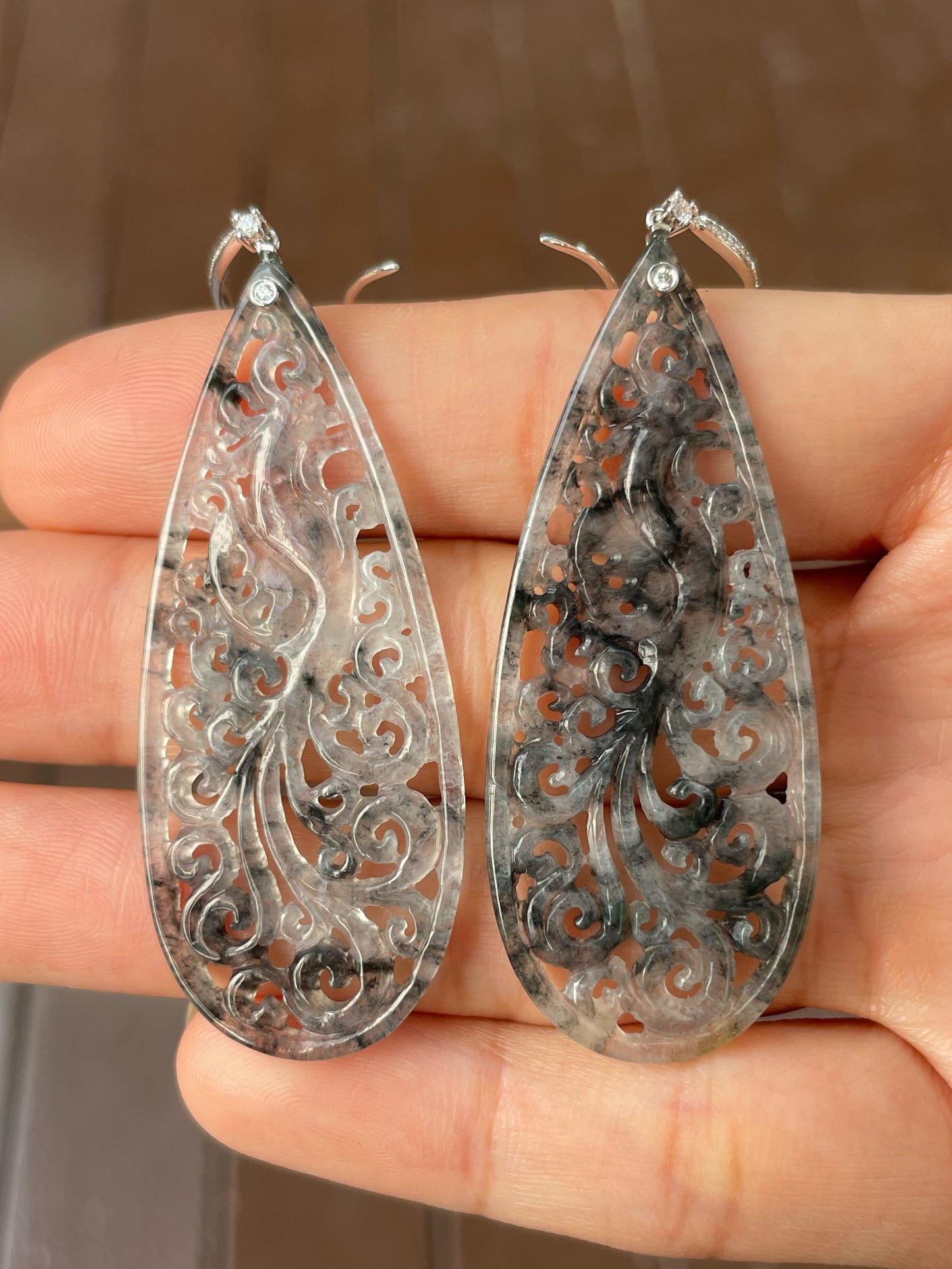 Icy Black Jadeite Carved Earrings (NJE156)