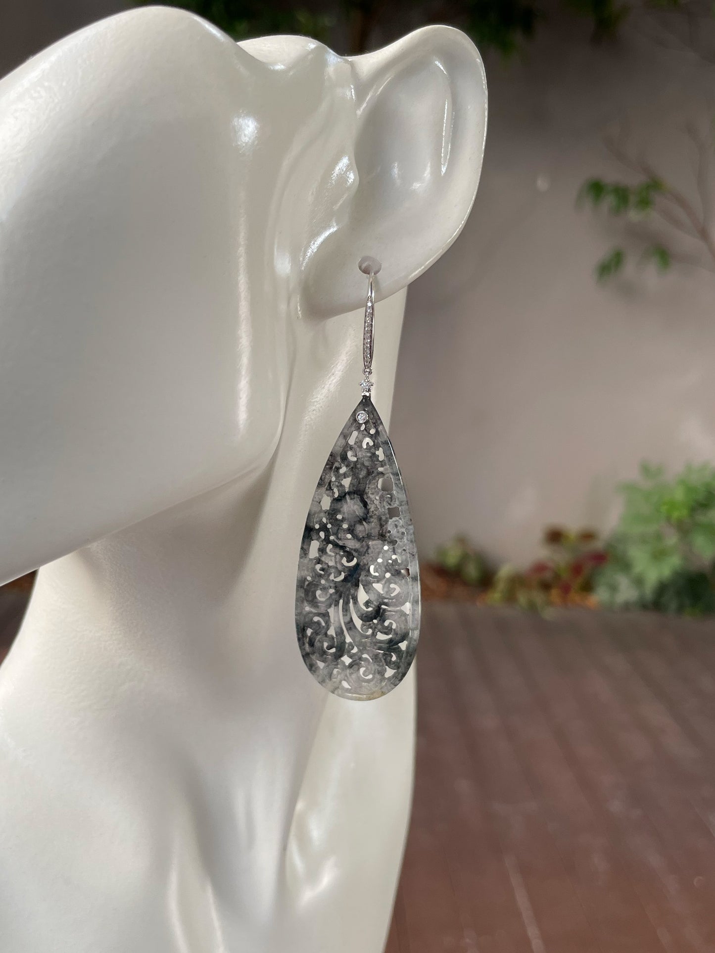 Icy Black Jadeite Carved Earrings (NJE156)