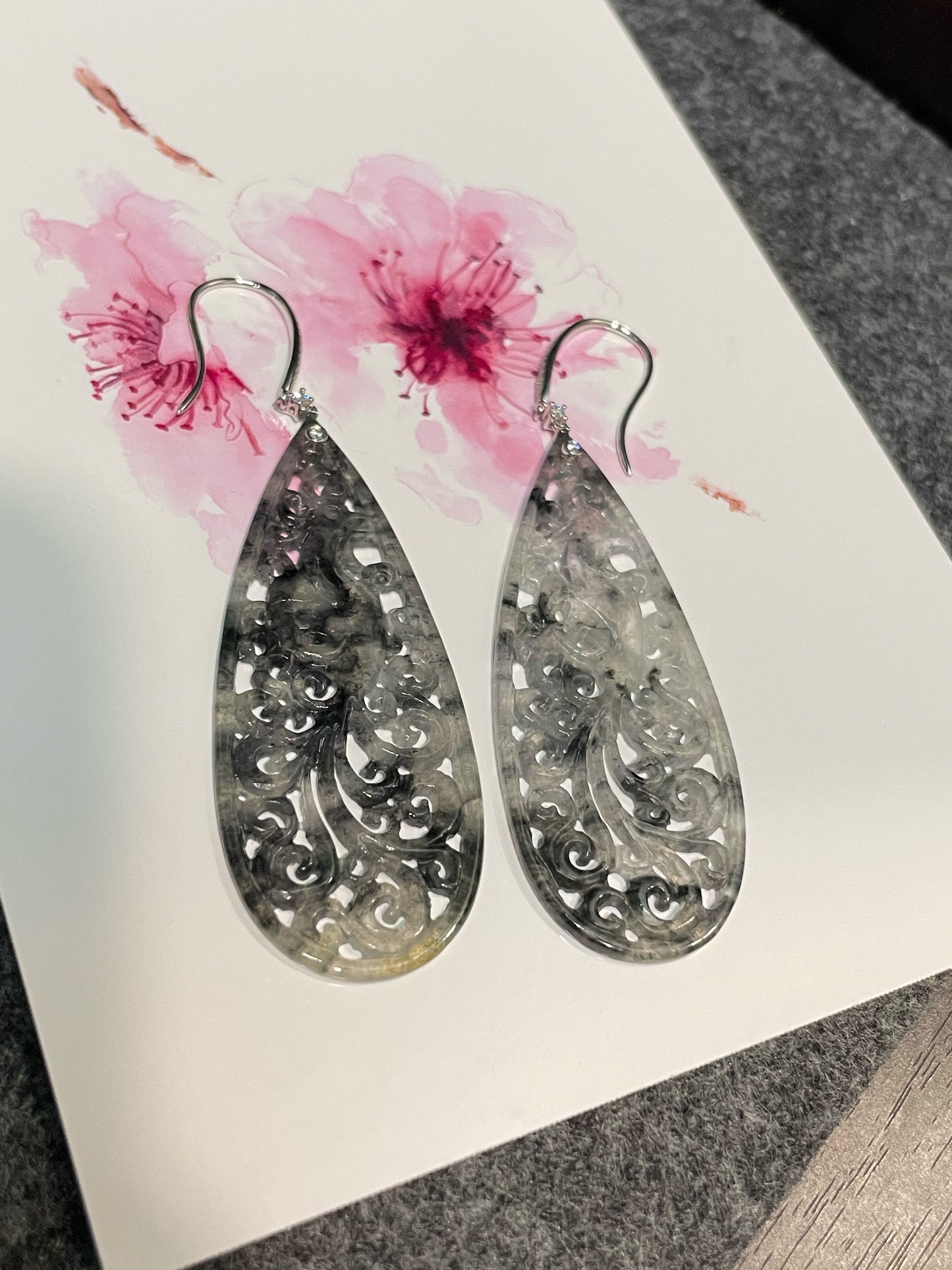 Icy Black Jadeite Carved Earrings (NJE156)