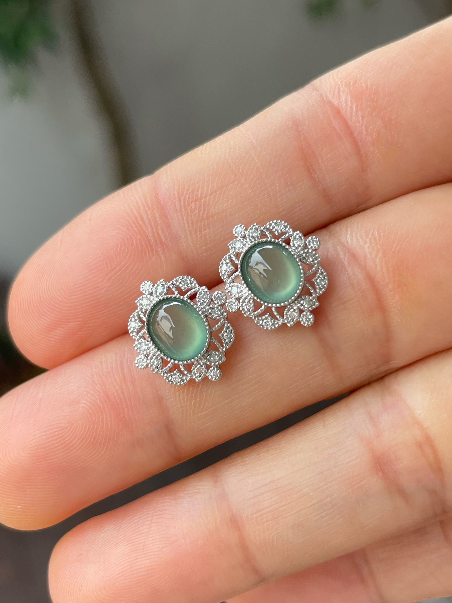 Icy Green Jade Cabochon Earrings (NJE159)