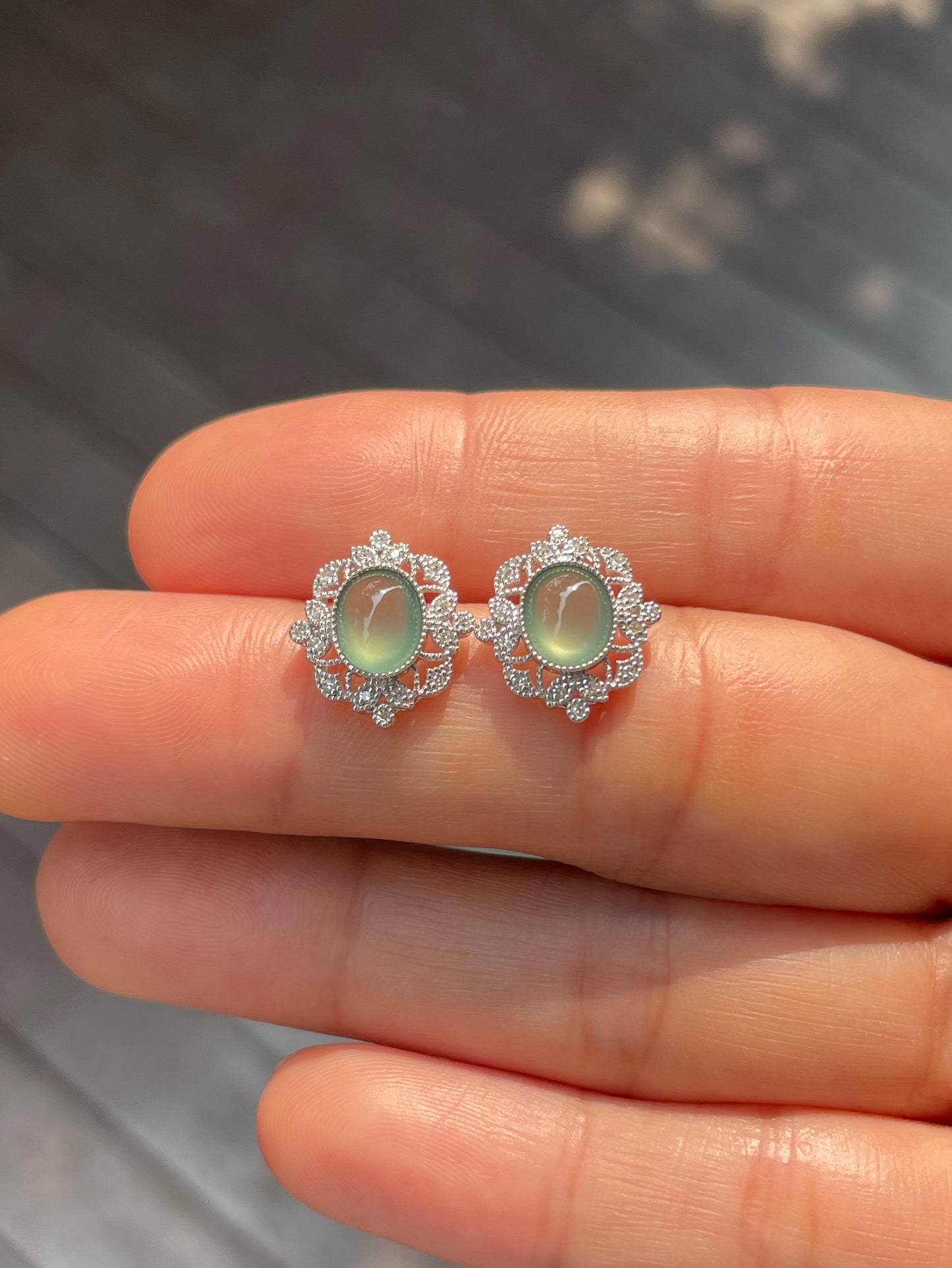 Icy Green Jade Cabochon Earrings (NJE159)