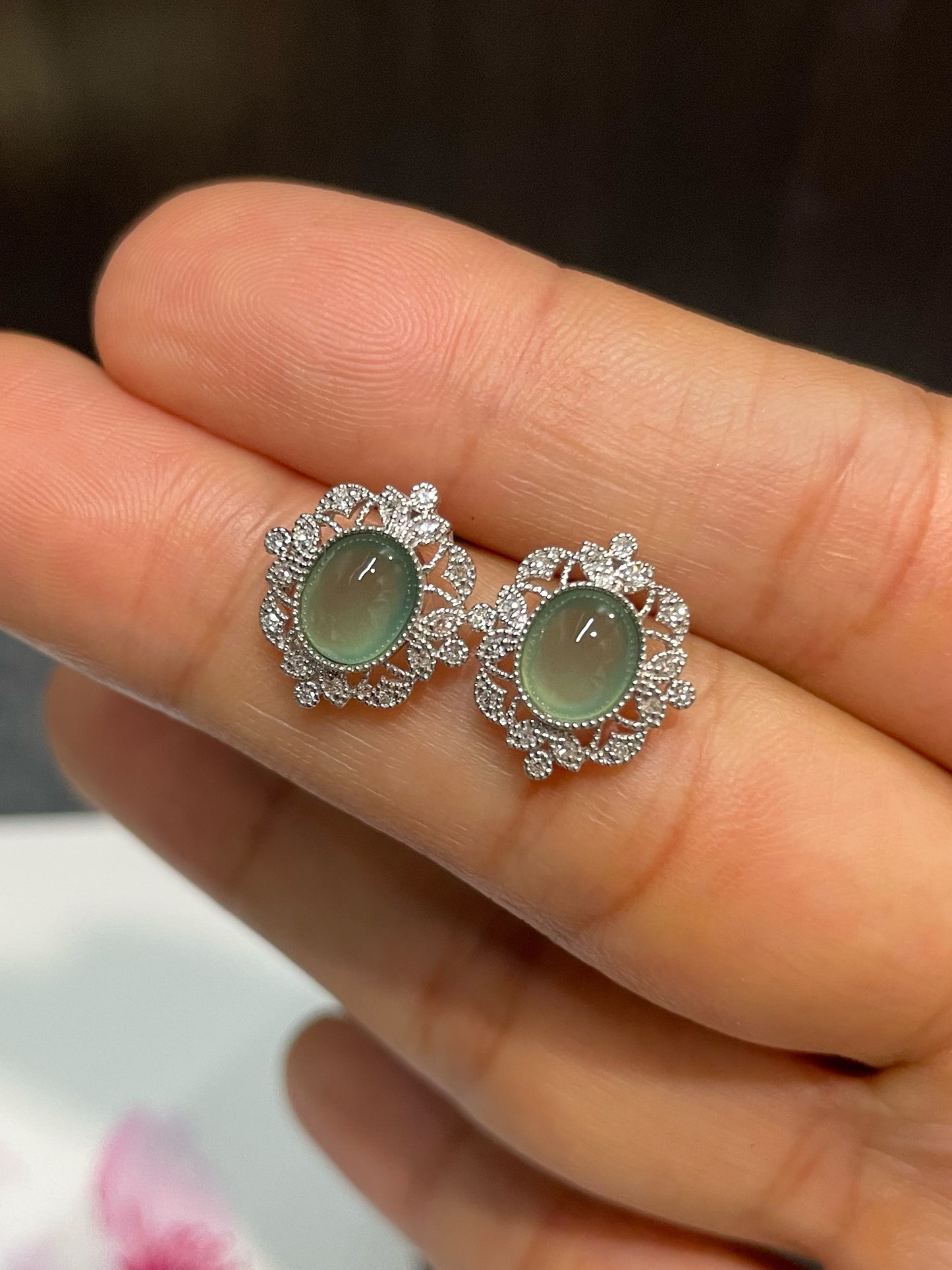 Icy Green Jade Cabochon Earrings (NJE159)