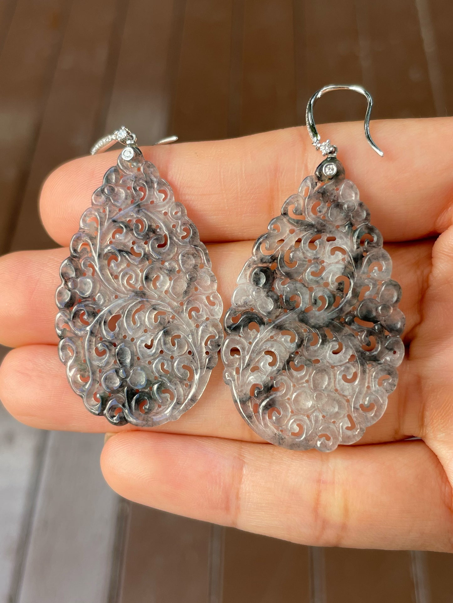 Icy Black Jadeite Carved Earrings (NJE160)