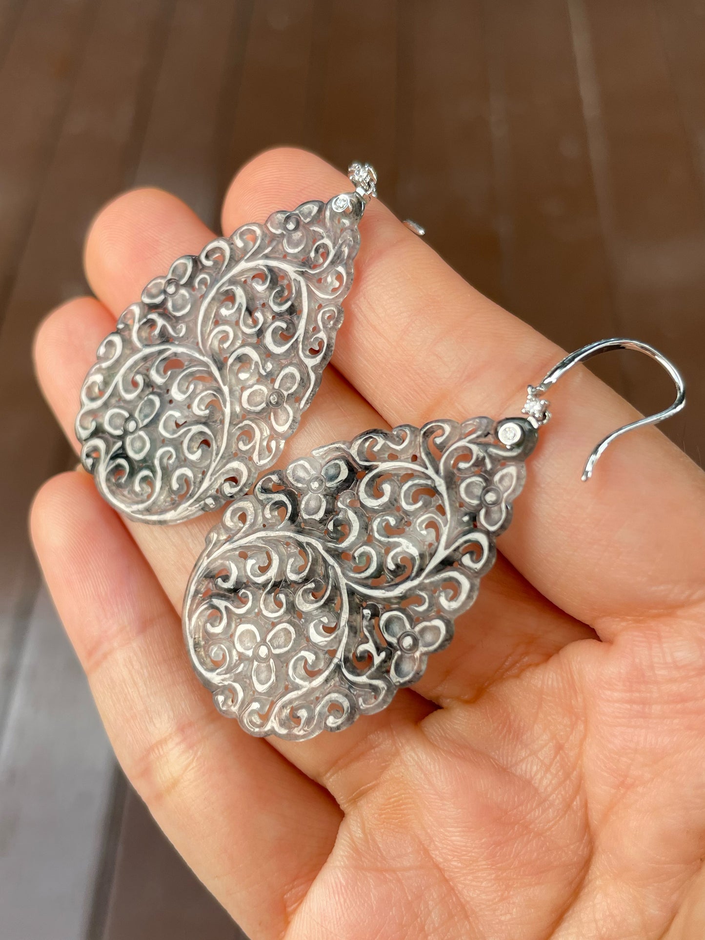 Icy Black Jadeite Carved Earrings (NJE160)
