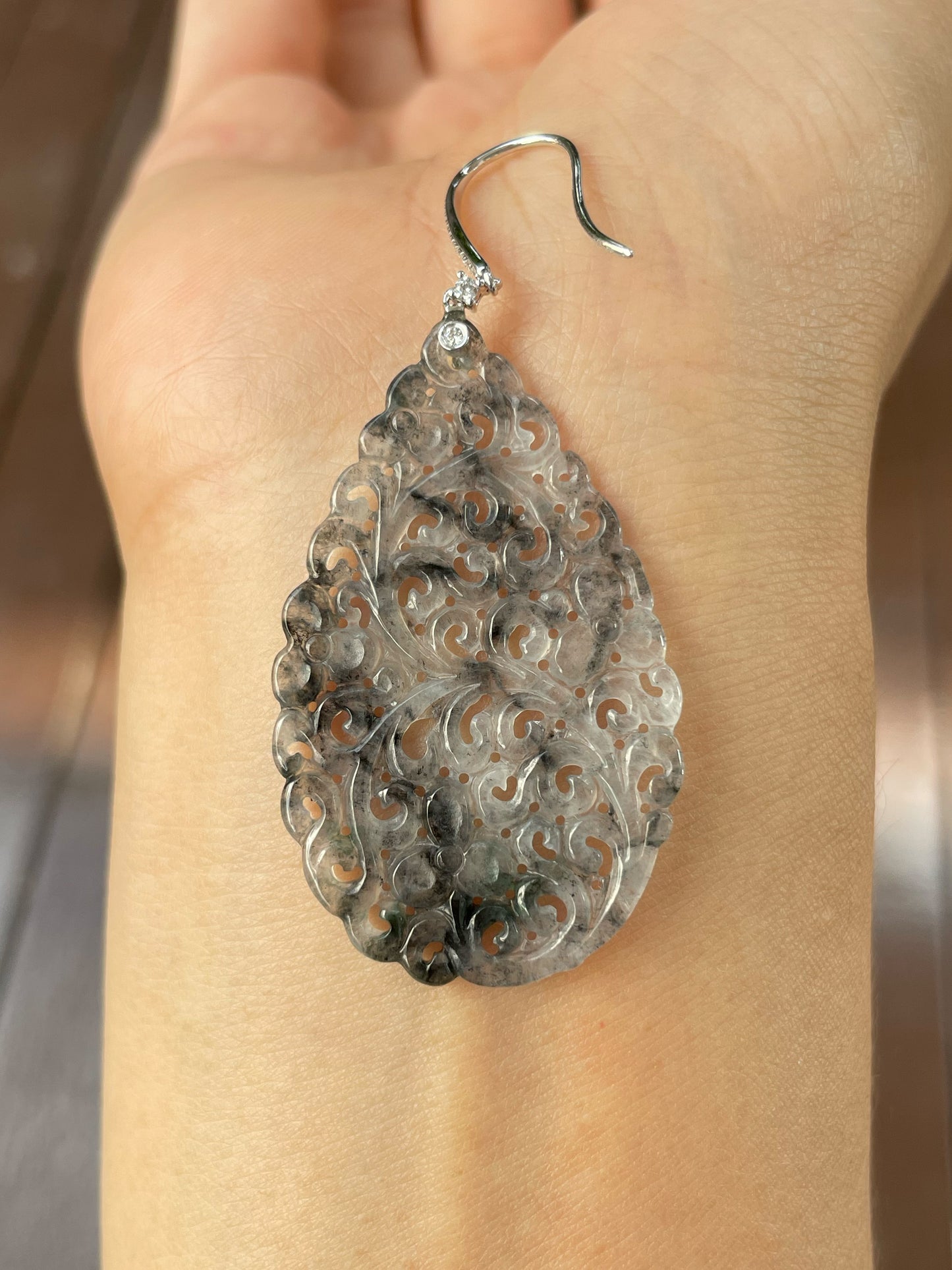 Icy Black Jadeite Carved Earrings (NJE160)