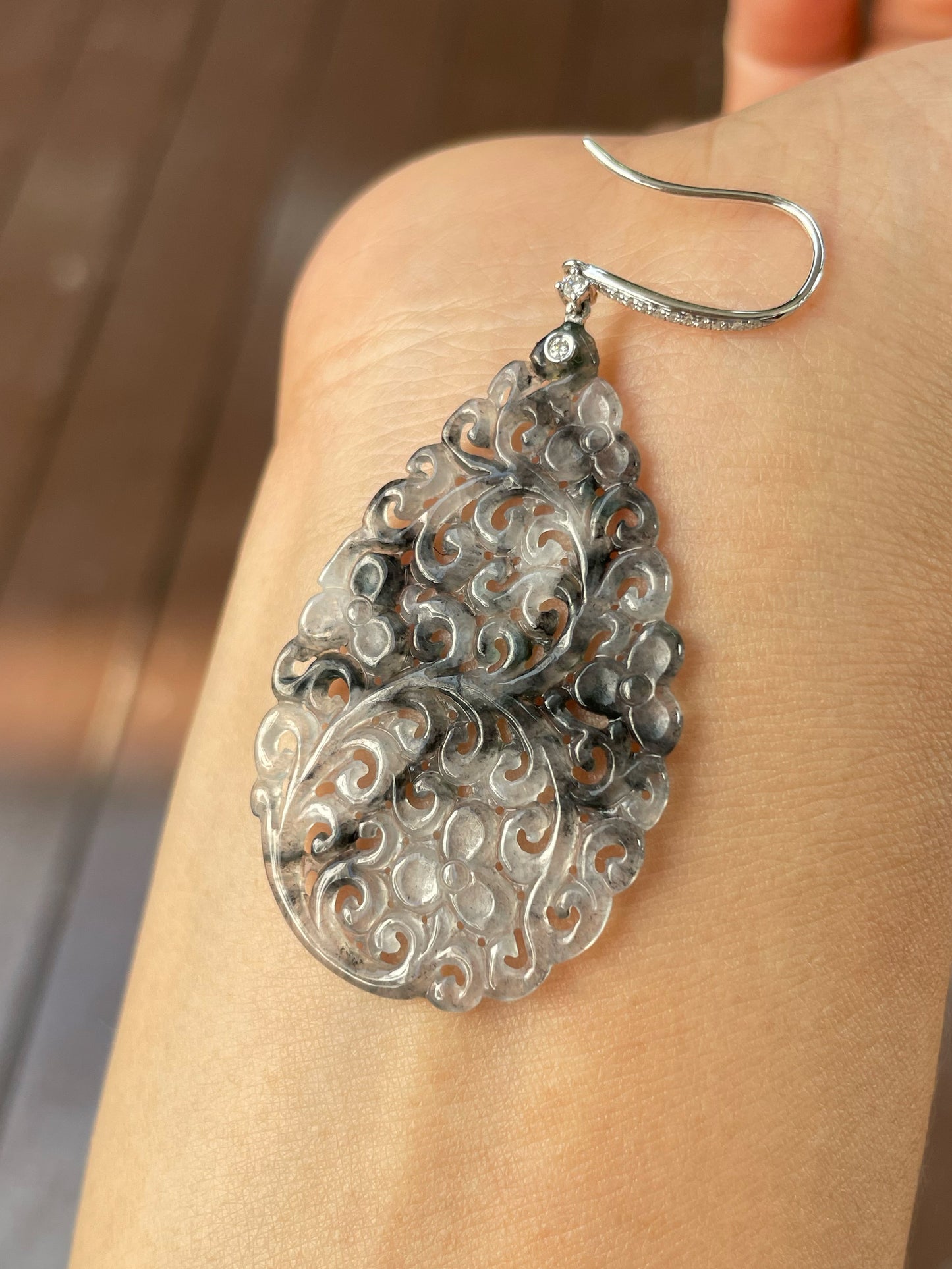 Icy Black Jadeite Carved Earrings (NJE160)