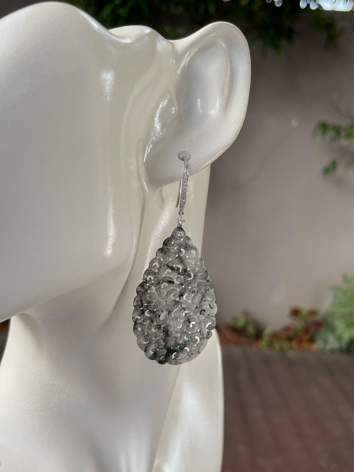 Icy Black Jadeite Carved Earrings (NJE160)