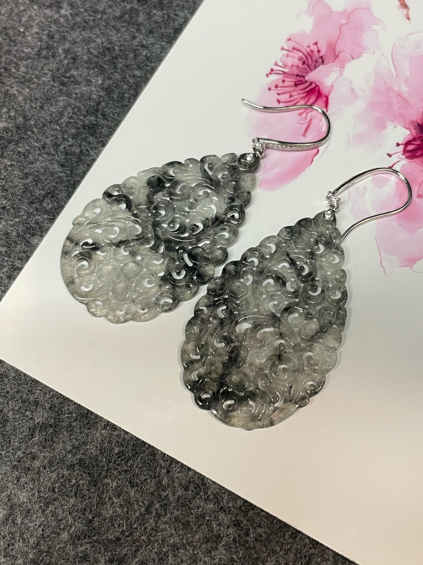 Icy Black Jadeite Carved Earrings (NJE160)