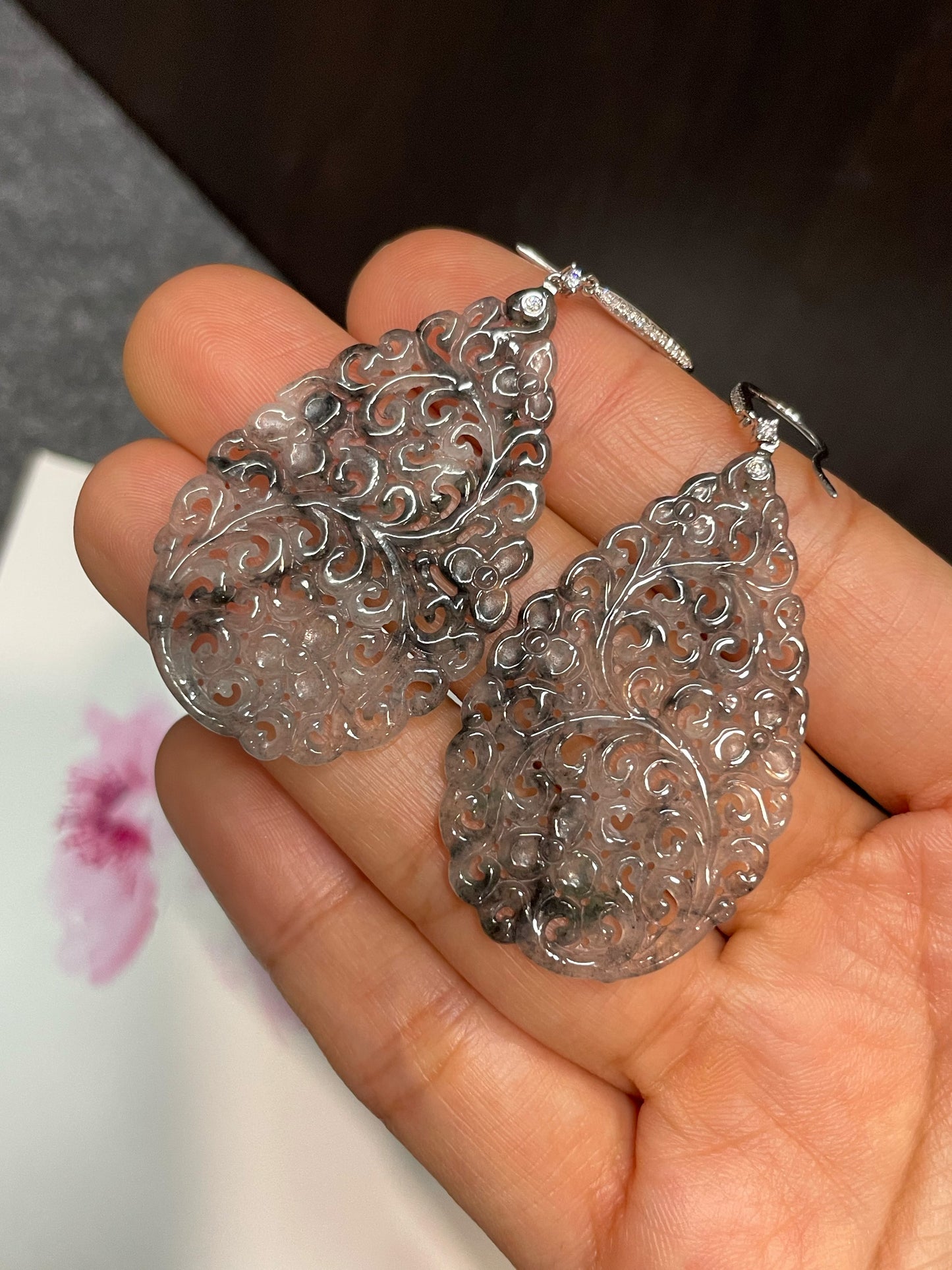 Icy Black Jadeite Carved Earrings (NJE160)