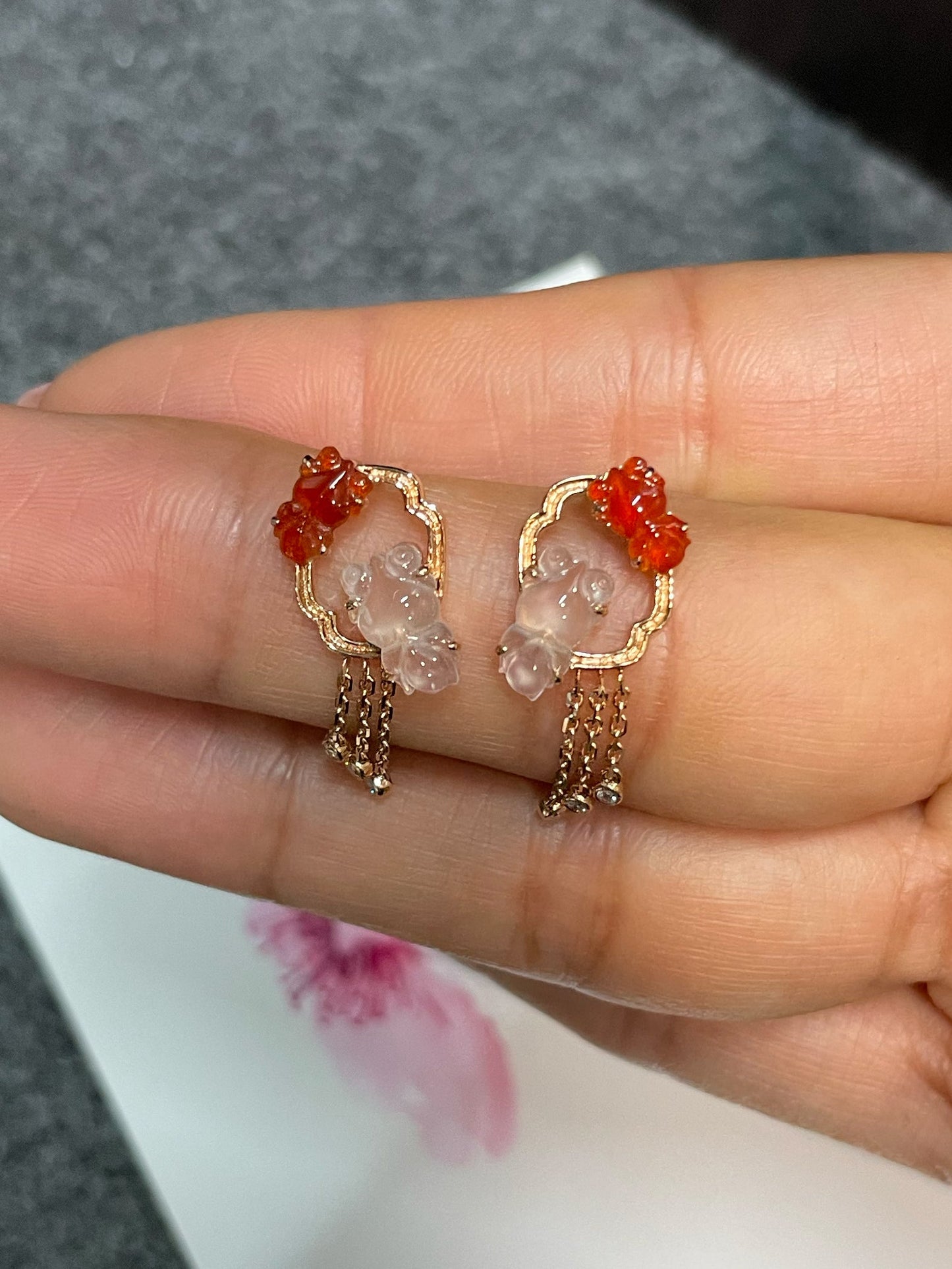 Icy White & Red Jade Earrings - Goldfish (NJE169)