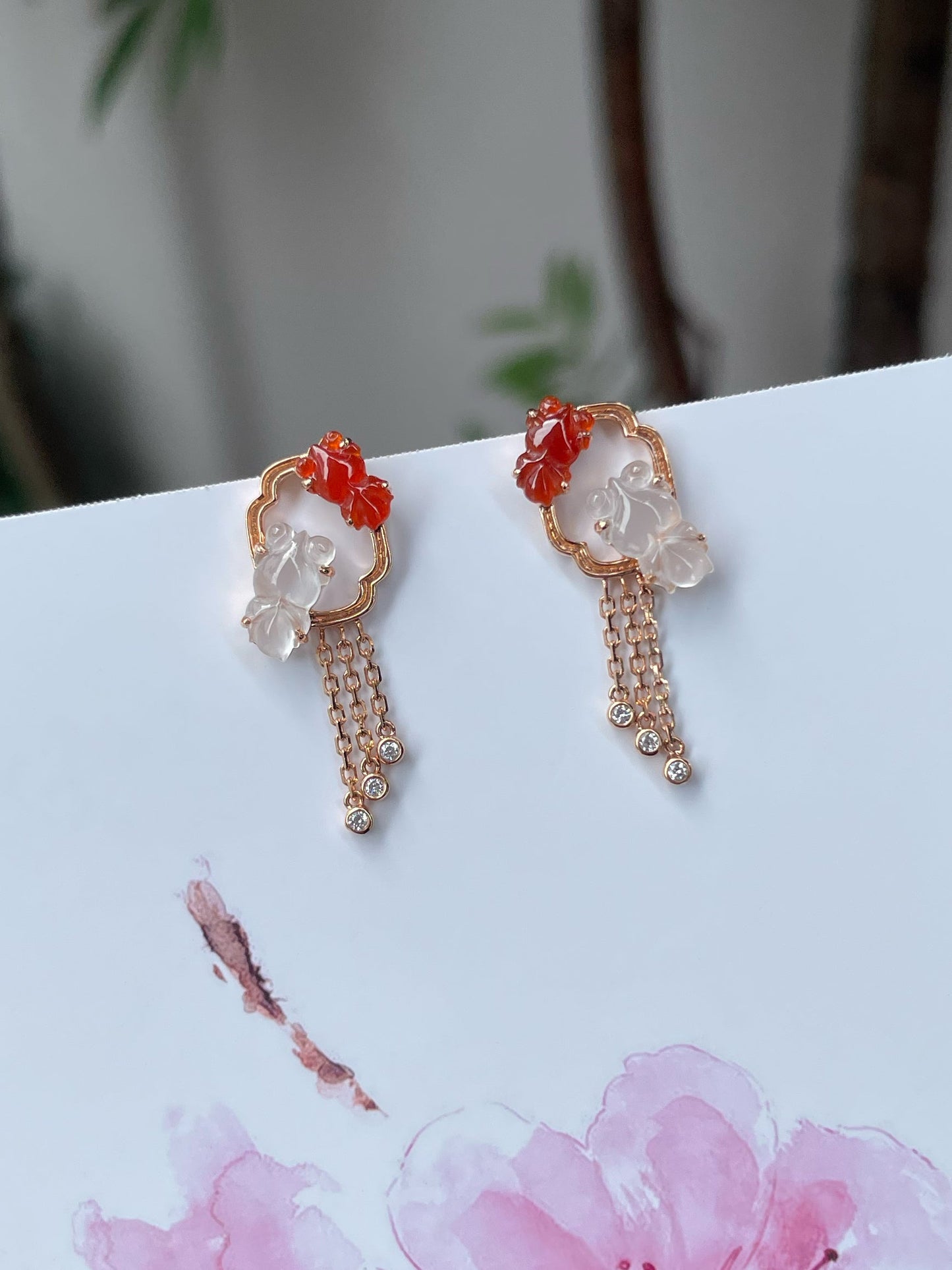 Icy White & Red Jade Earrings - Goldfish (NJE169)