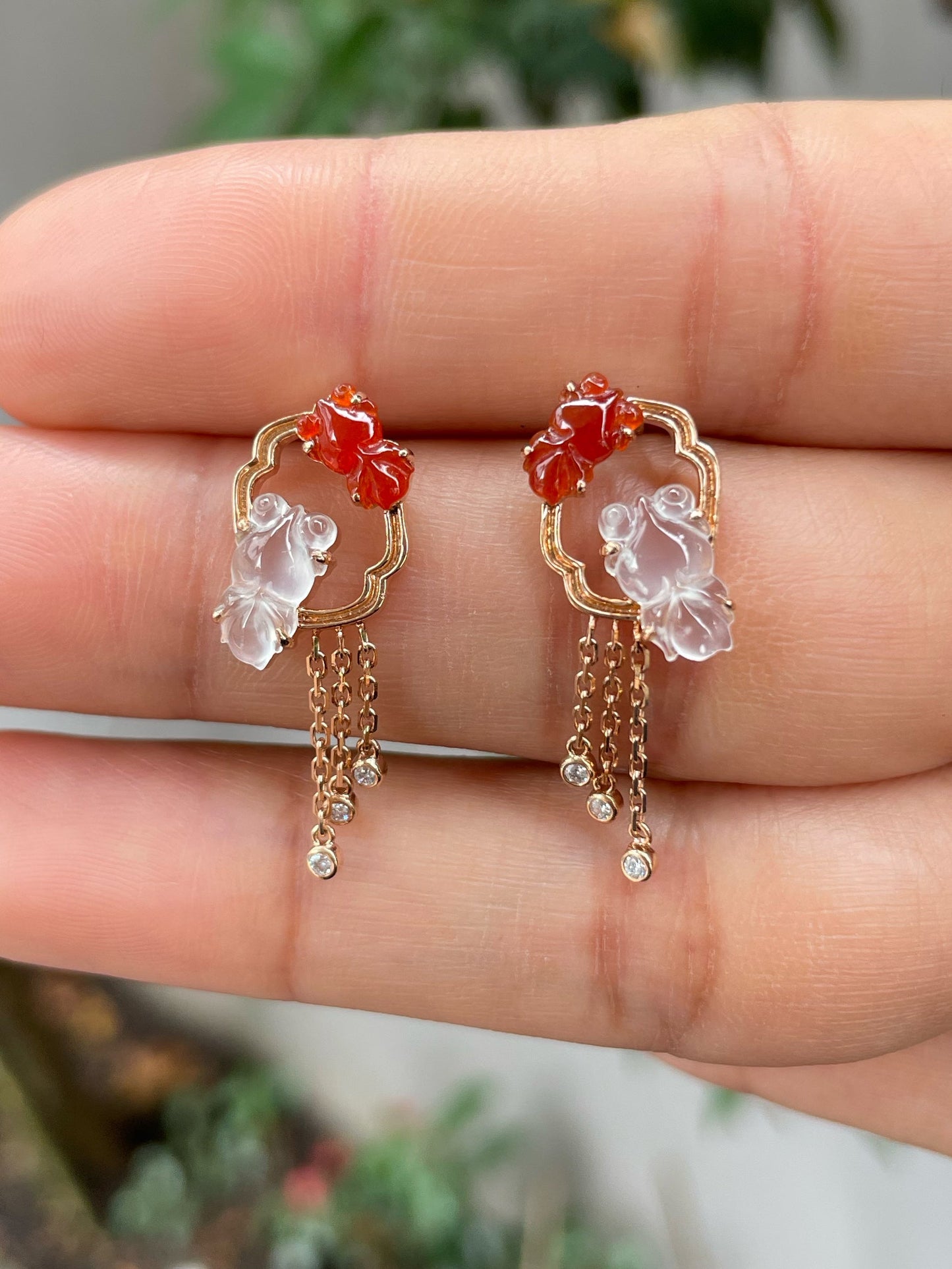 Icy White & Red Jade Earrings - Goldfish (NJE169)