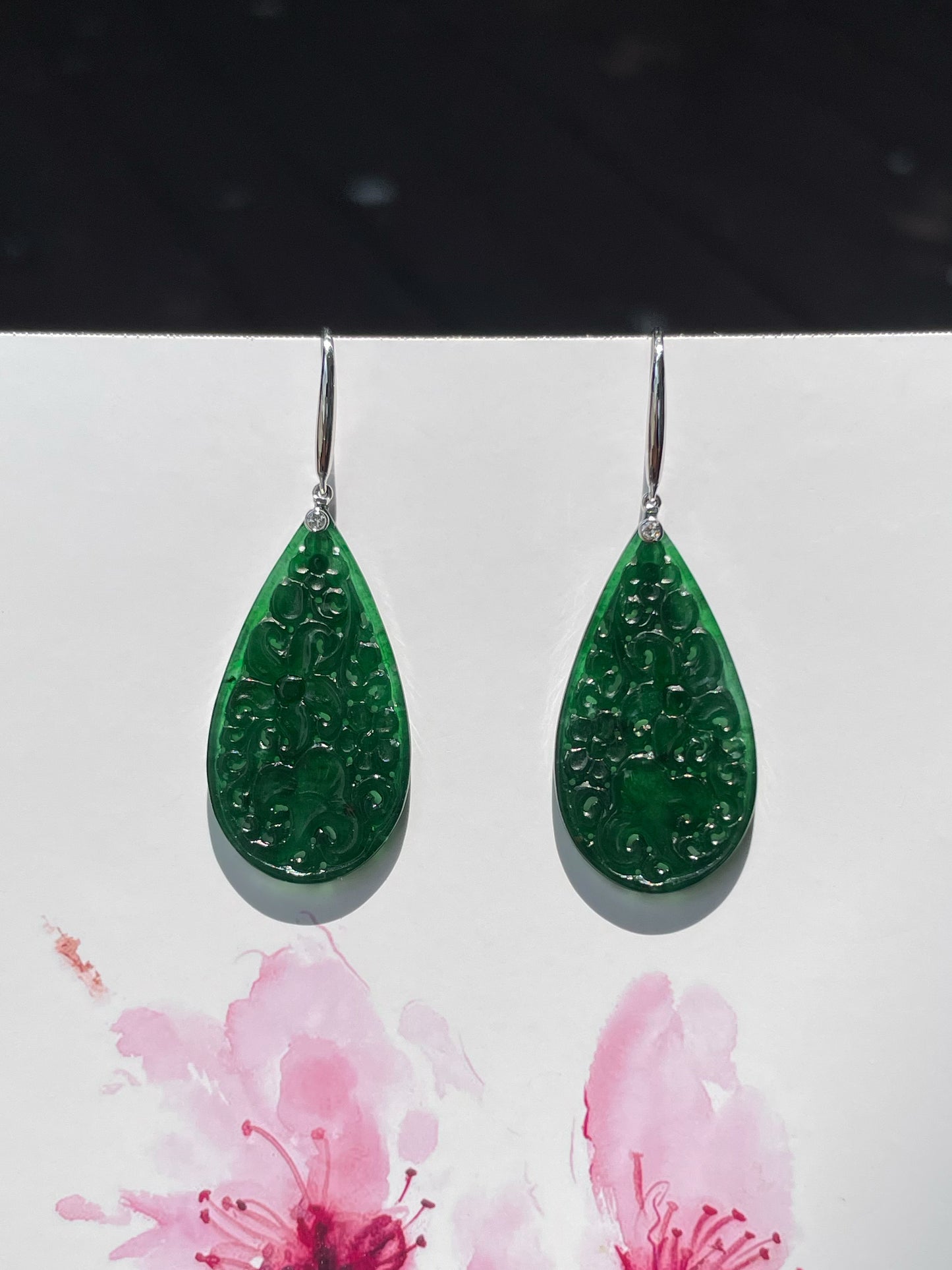 Deep Green Jadeite Carved Earrings (NJE181)