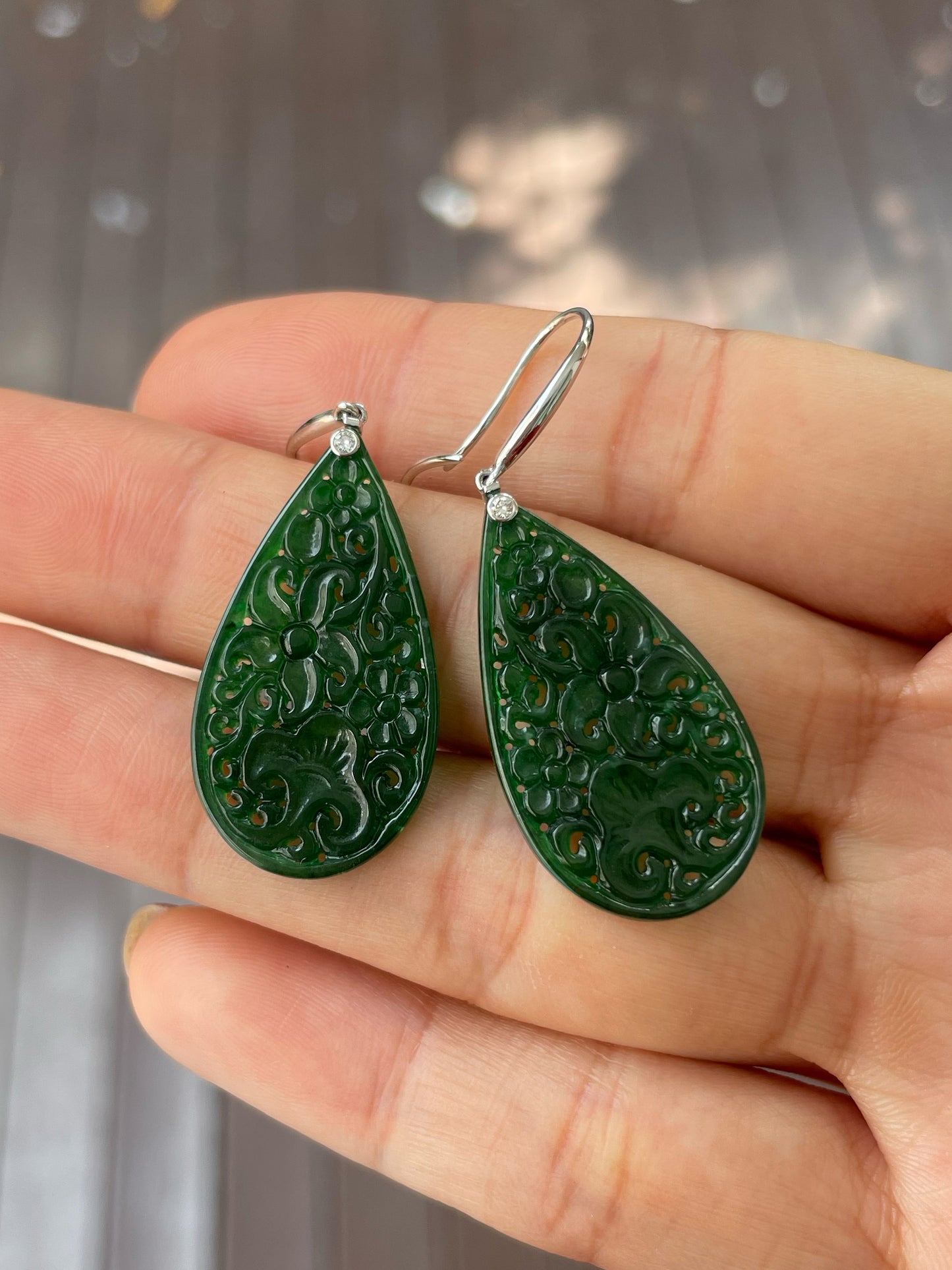 Deep Green Jadeite Carved Earrings (NJE181)