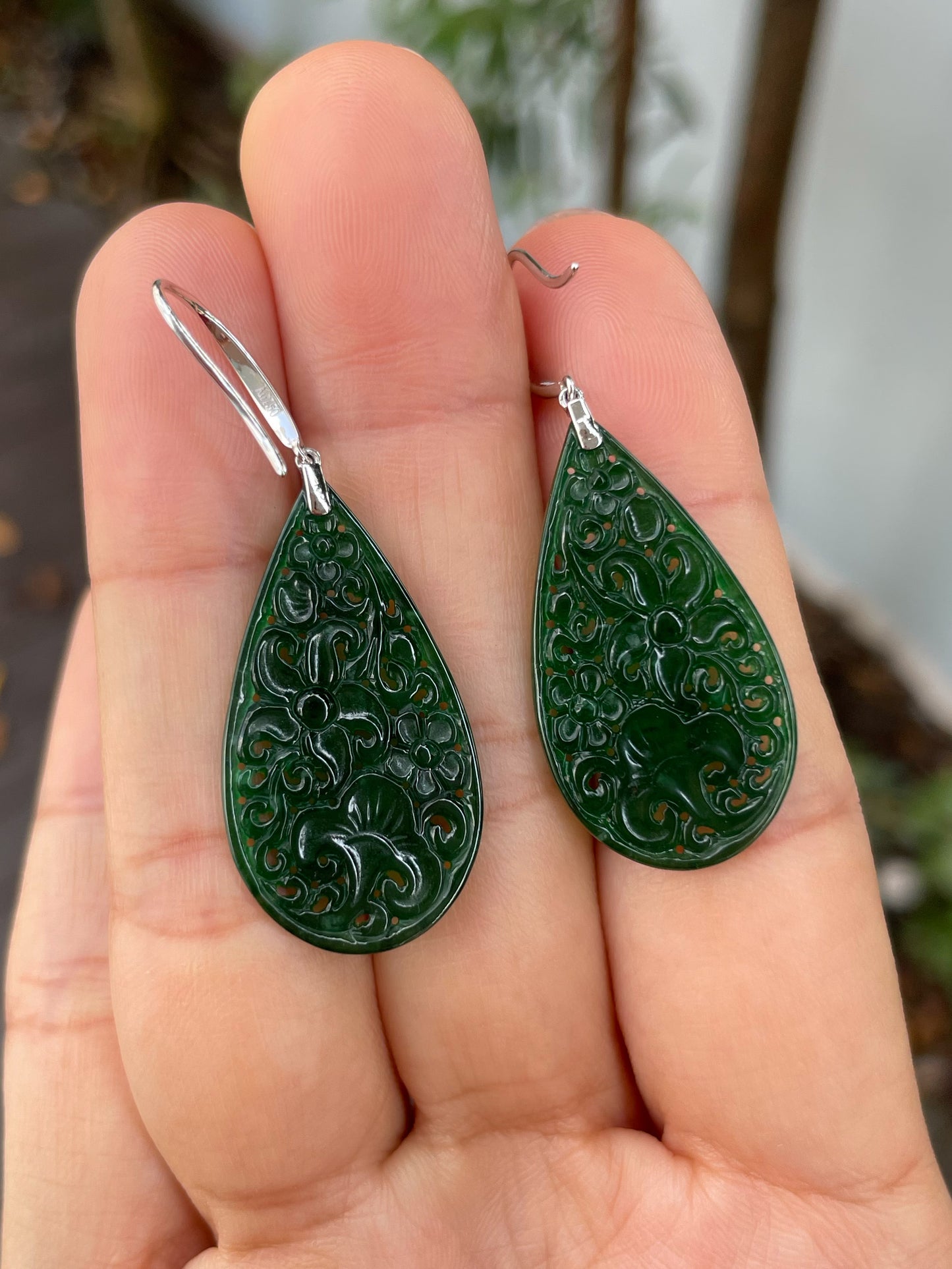 Deep Green Jadeite Carved Earrings (NJE181)