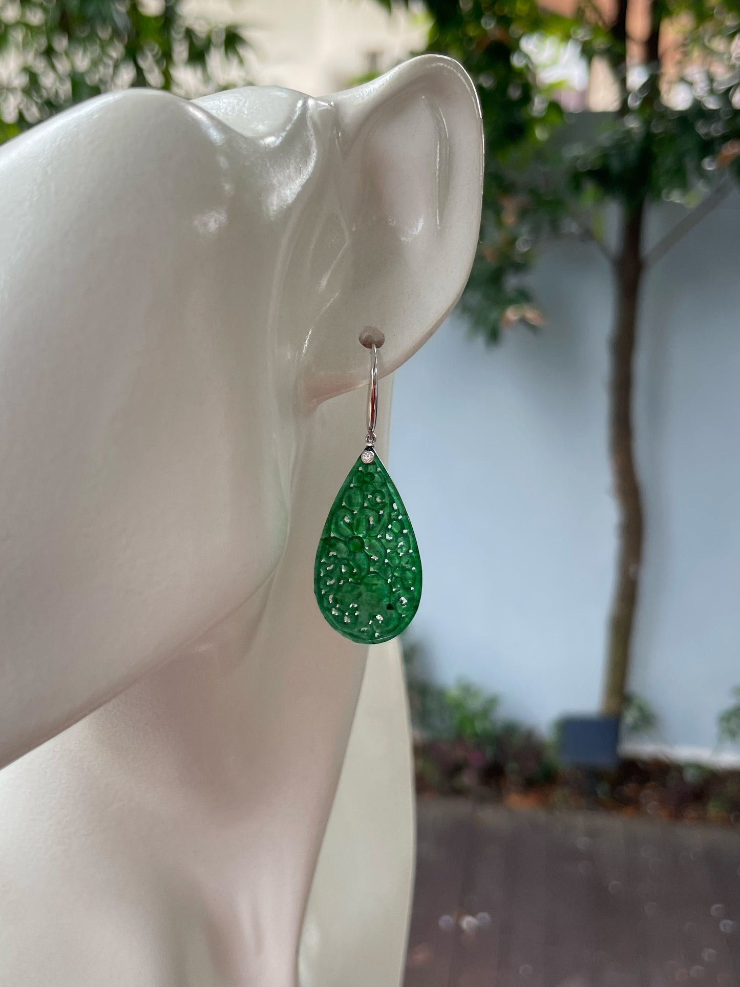 Deep Green Jadeite Carved Earrings (NJE181)
