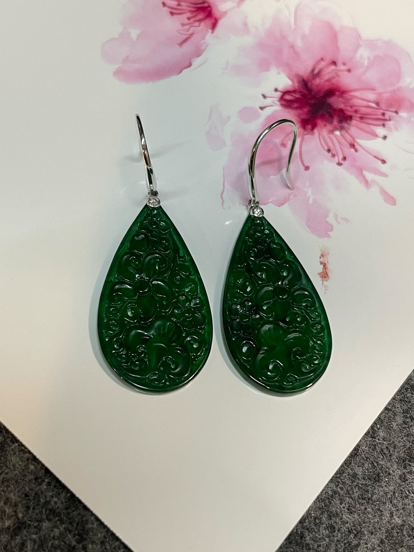 Deep Green Jadeite Carved Earrings (NJE181)