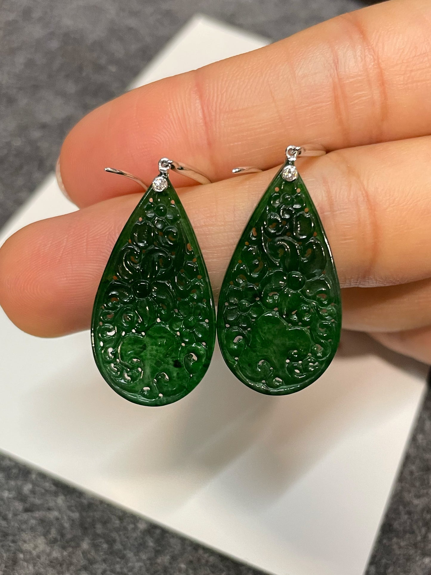 Deep Green Jadeite Carved Earrings (NJE181)