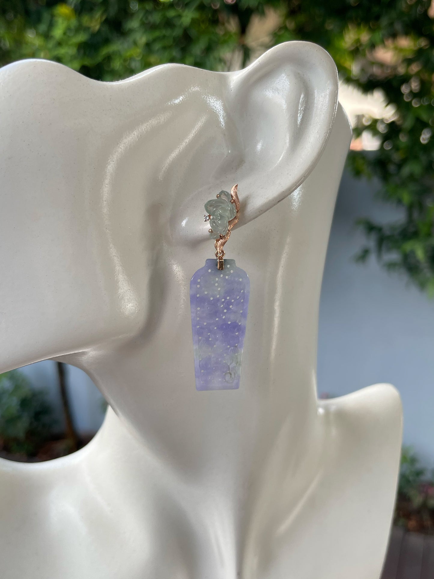 Lavender Jadeite Earrings - Lotus In Vase (NJE194)