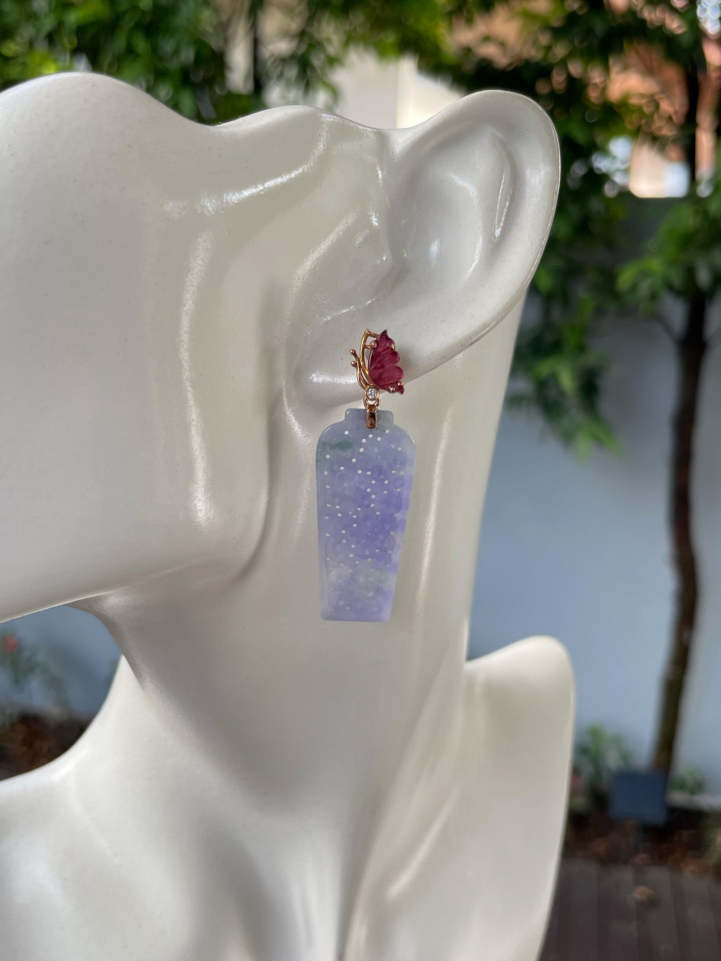 Lavender Jadeite Earrings - Lotus In Vase (NJE194)