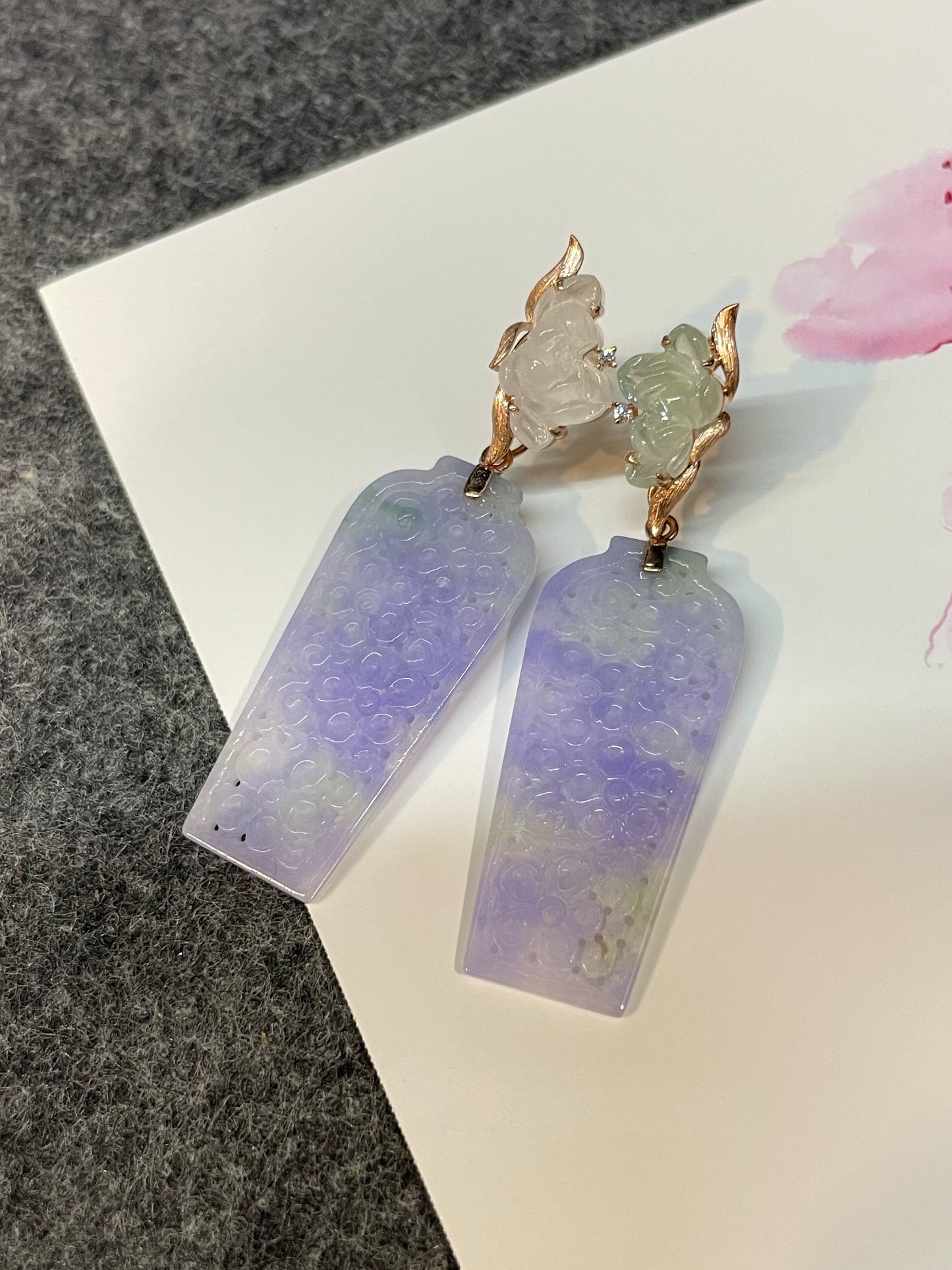 Lavender Jadeite Earrings - Lotus In Vase (NJE194)