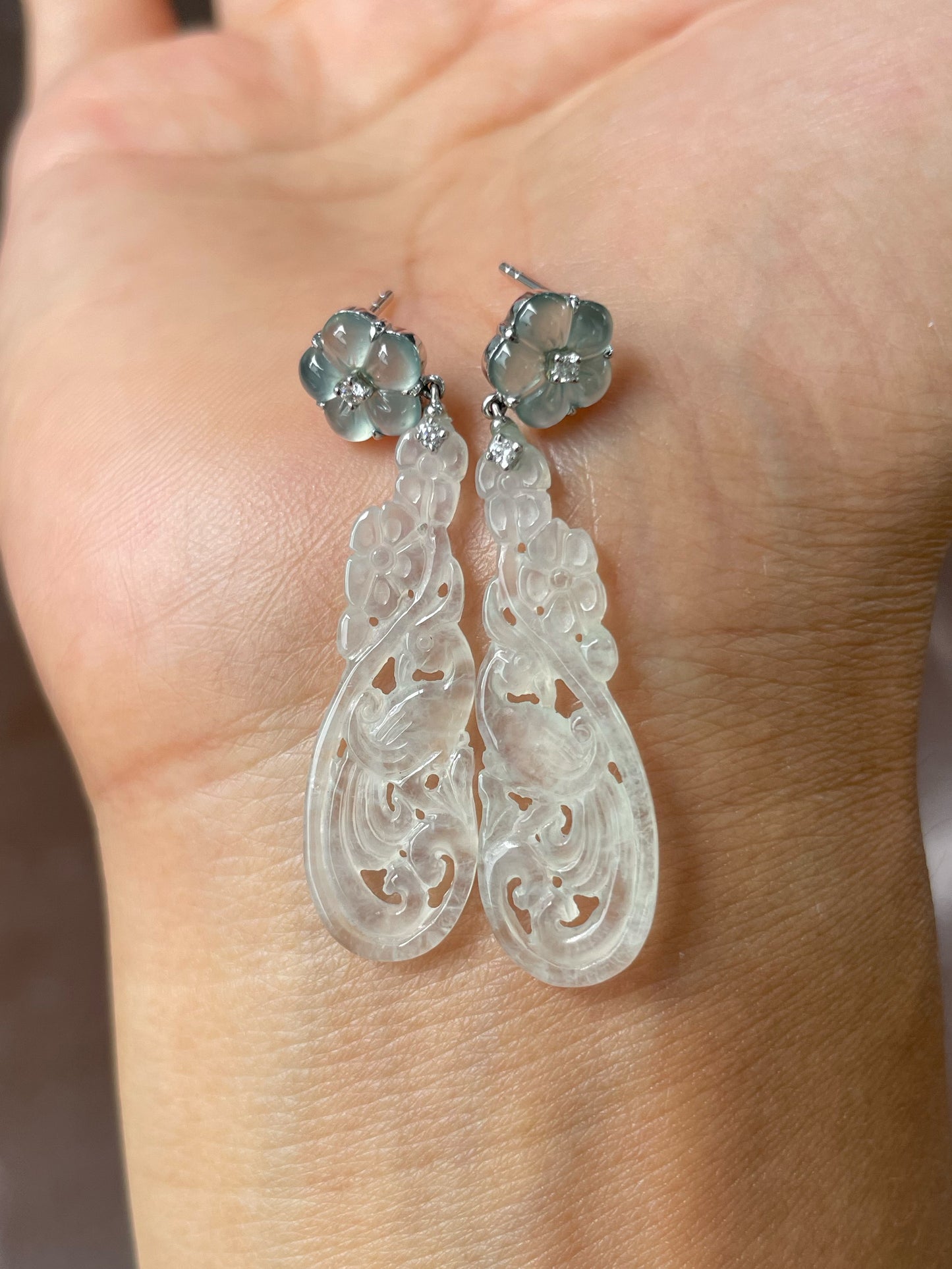 Icy Jadeite Carved Earrings (NJE208)
