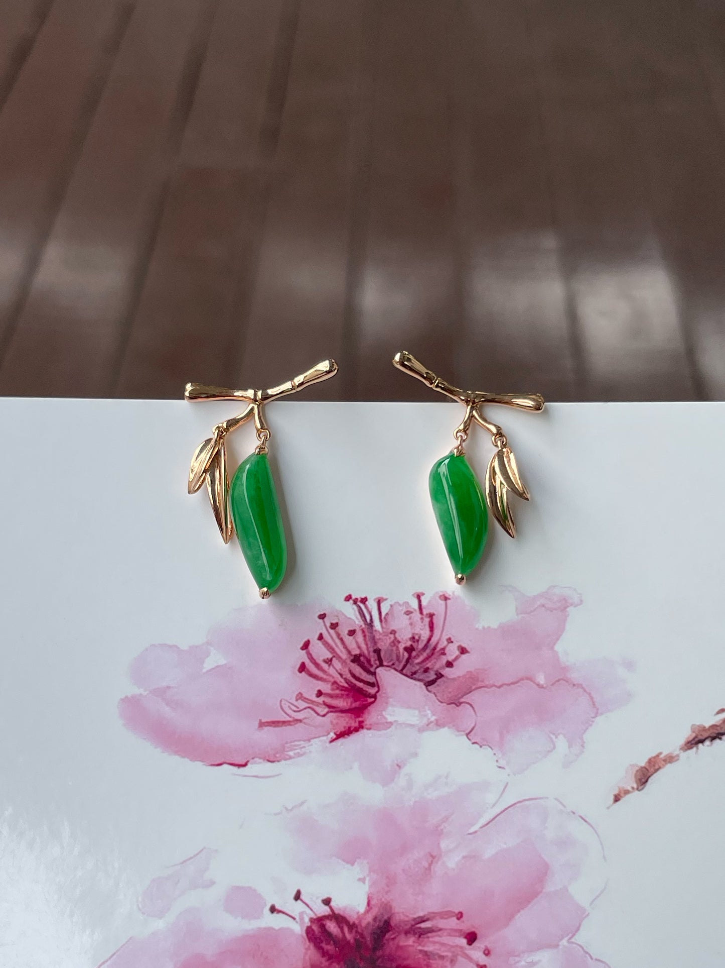 Green Jade Earrings - Bamboo Leaves (NJE229)