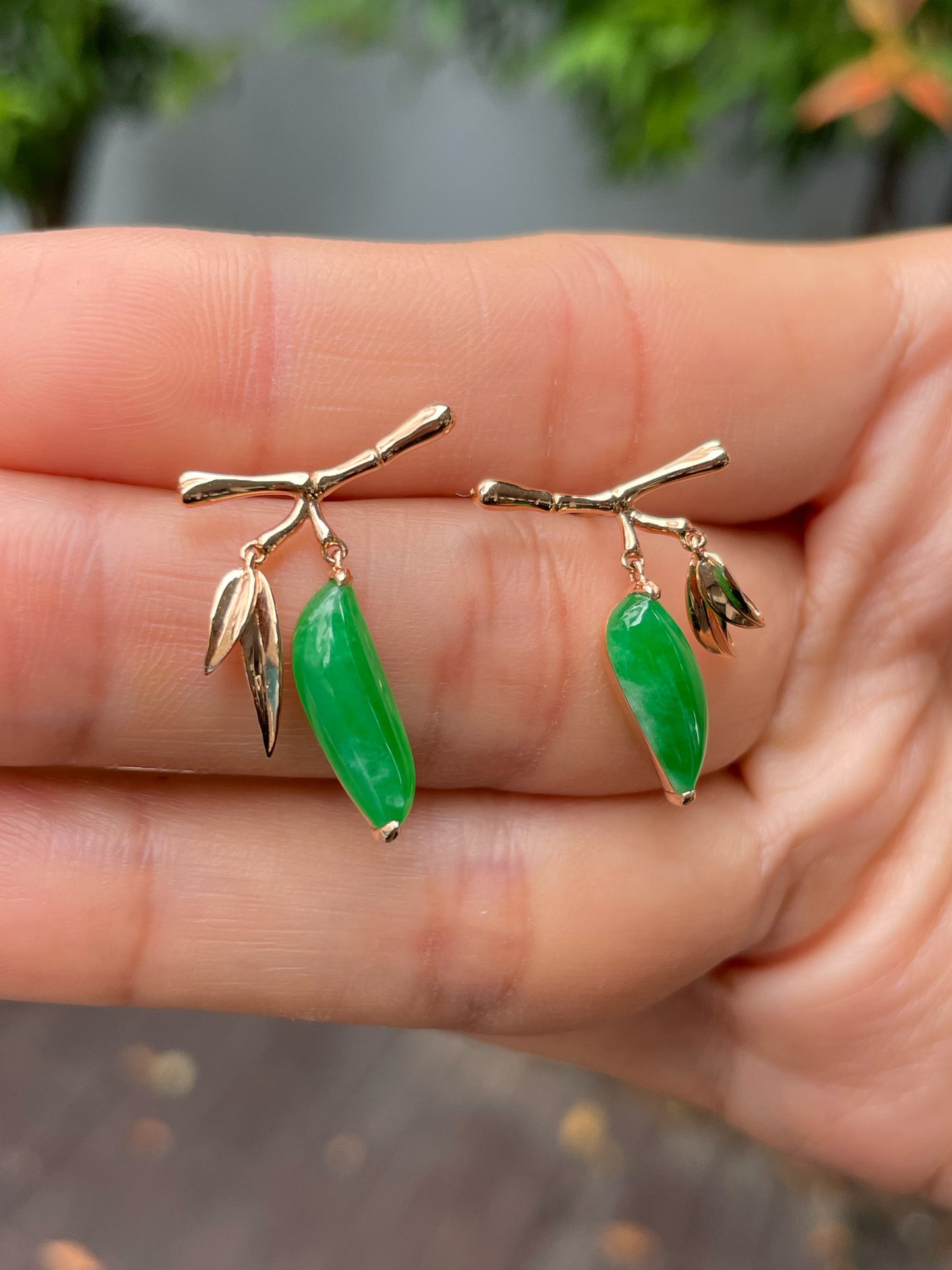 Green Jade Earrings - Bamboo Leaves (NJE229)