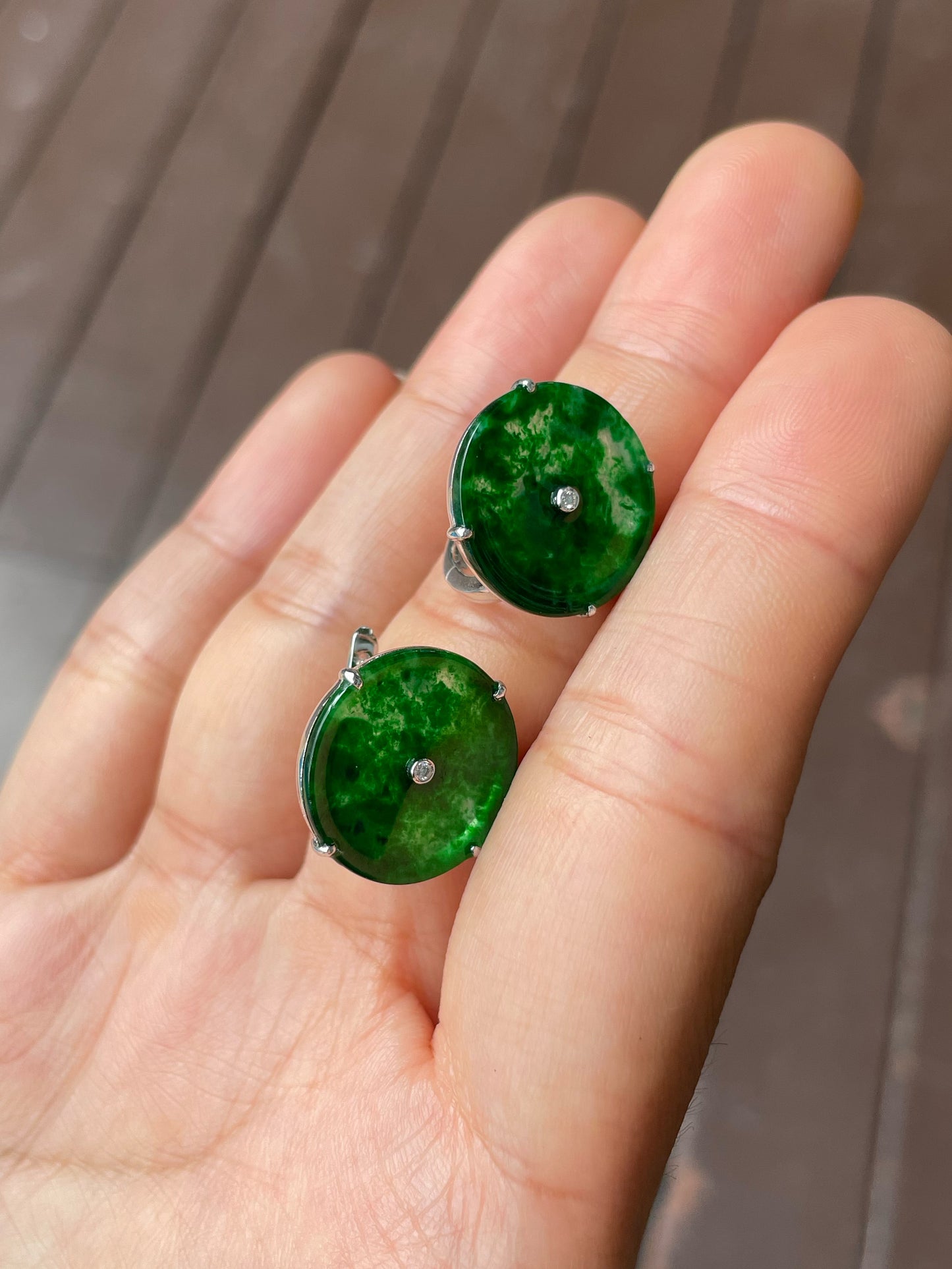 Green Jadeite Safety Coin Earrings - 平安扣 (NJE235)