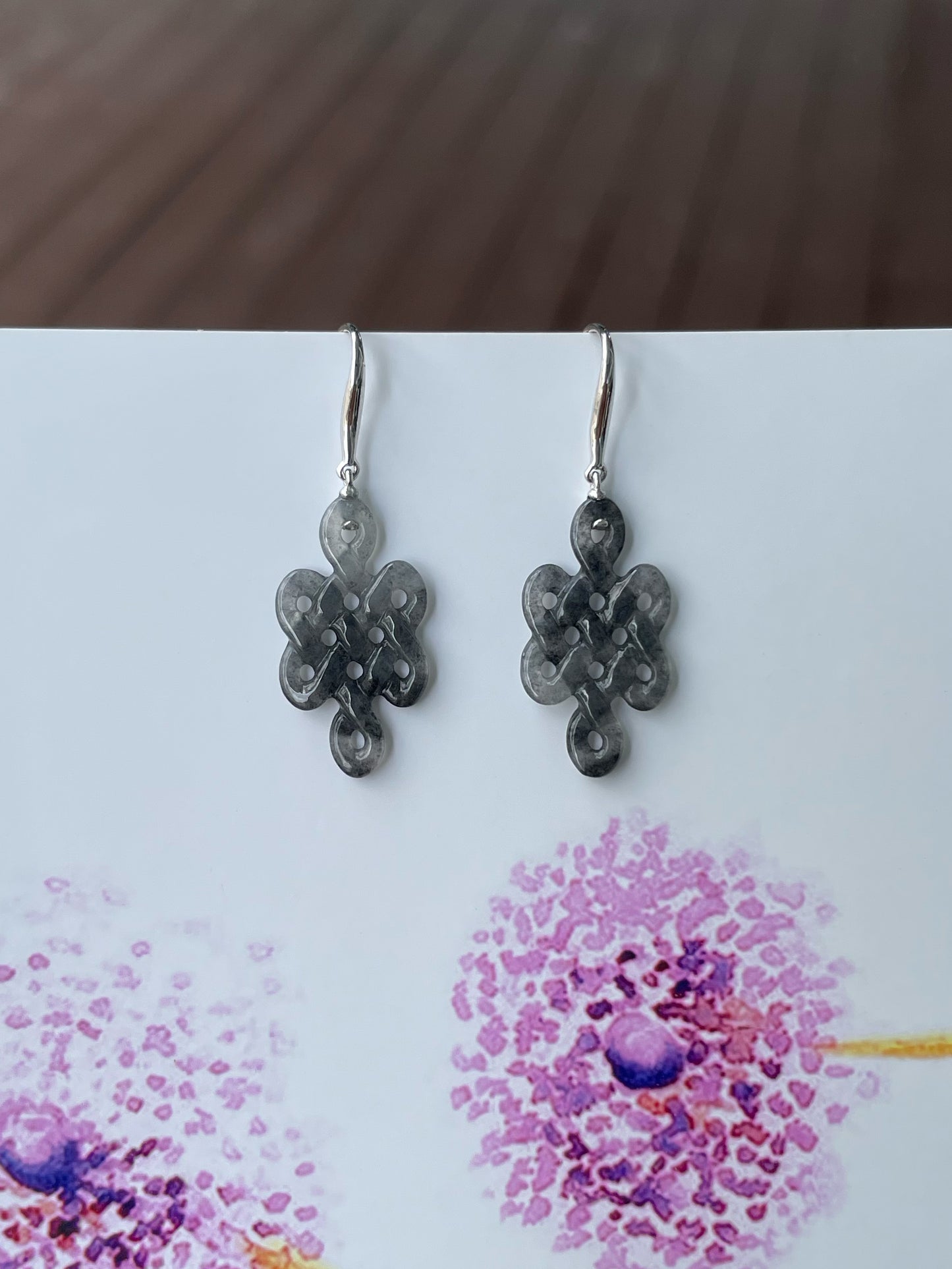 Icy Black Jadeite Earrings - Eternity Knot (NJE236)