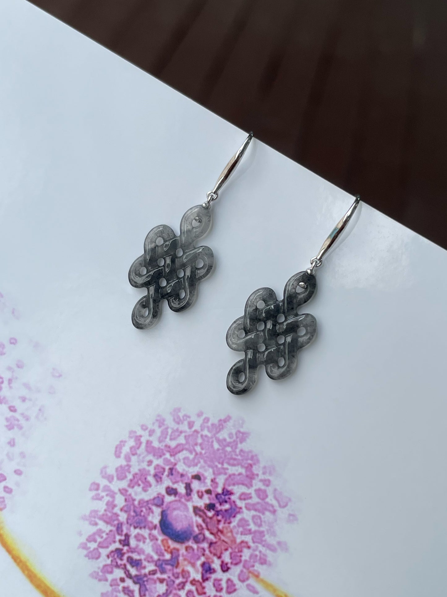 Icy Black Jadeite Earrings - Eternity Knot (NJE236)