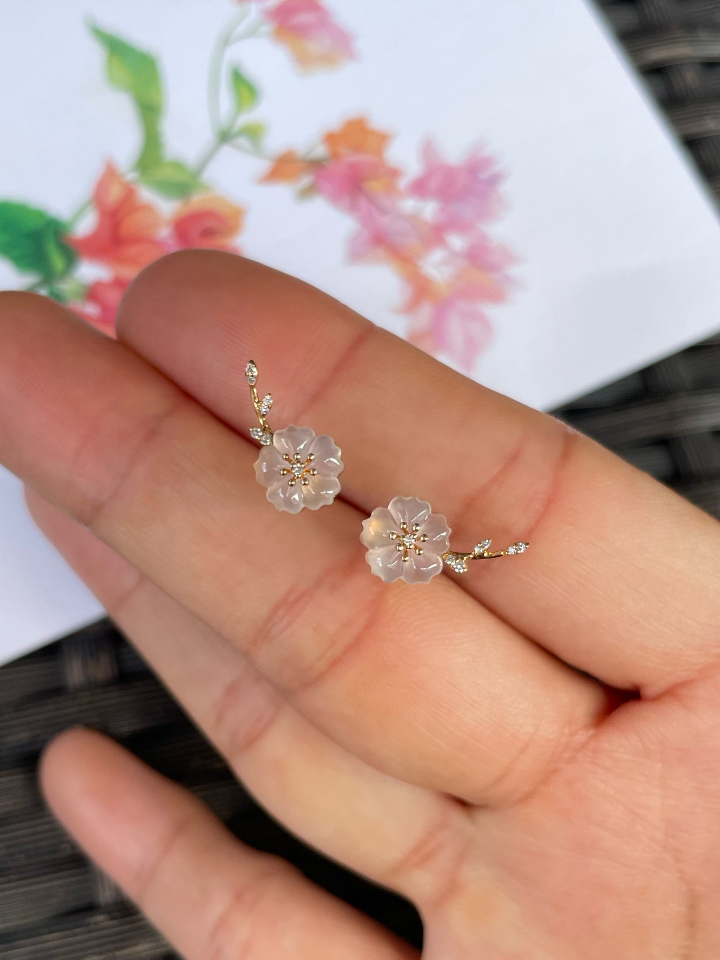 Icy Carved Jade Earrings - Plum Blossoms (NJE256)