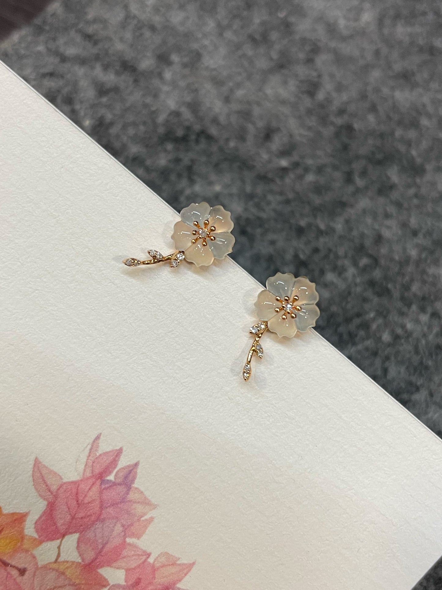Icy Carved Jade Earrings - Plum Blossoms (NJE256)