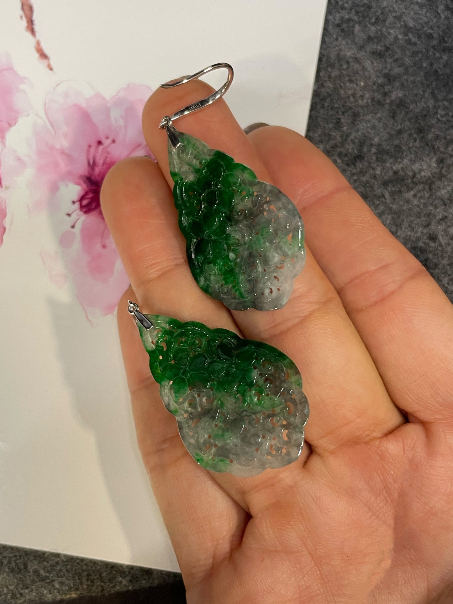 Green Jadeite Carved Earrings (NJE272)