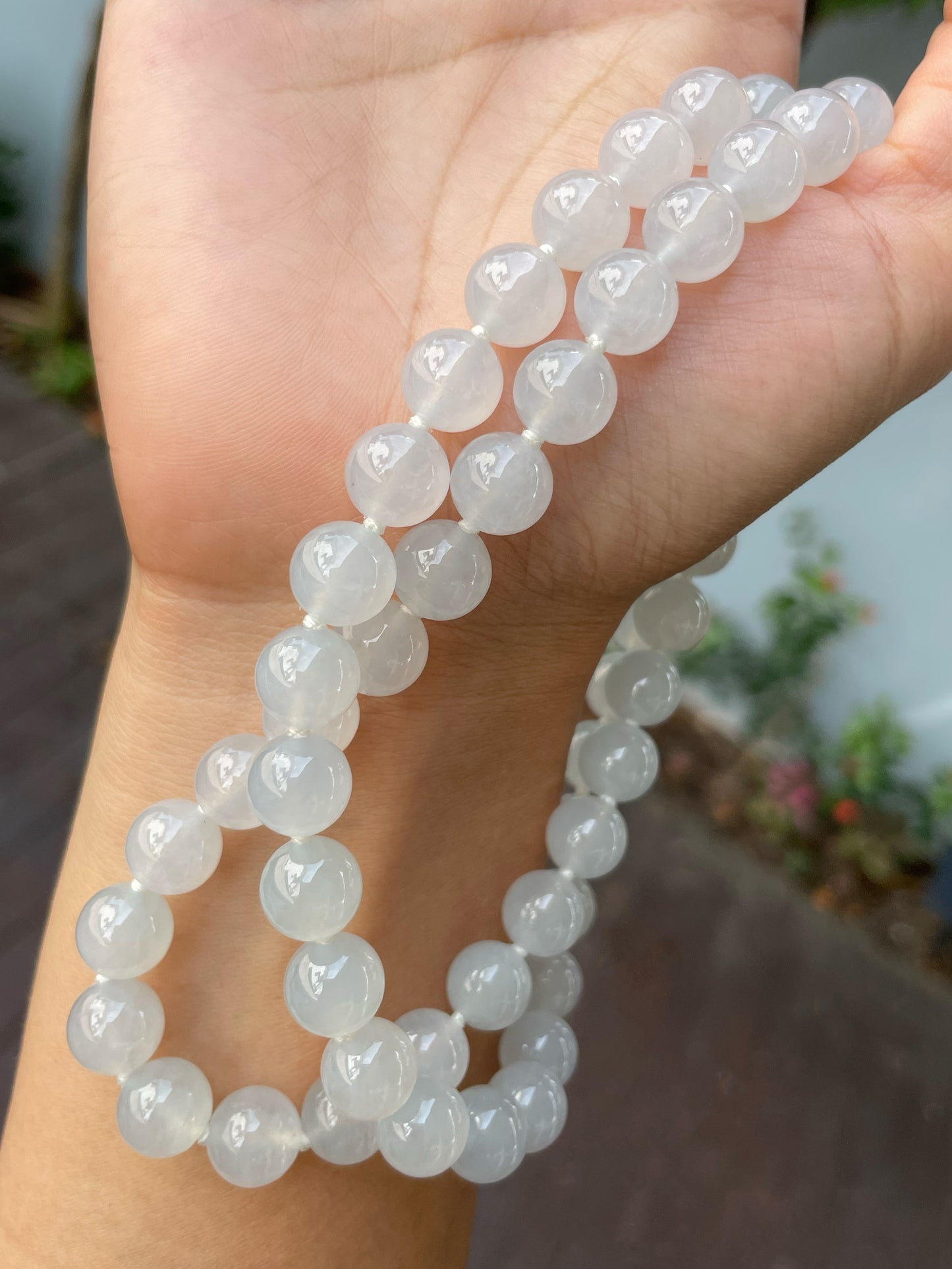 Icy White Jade Beads Necklace (NJN015)