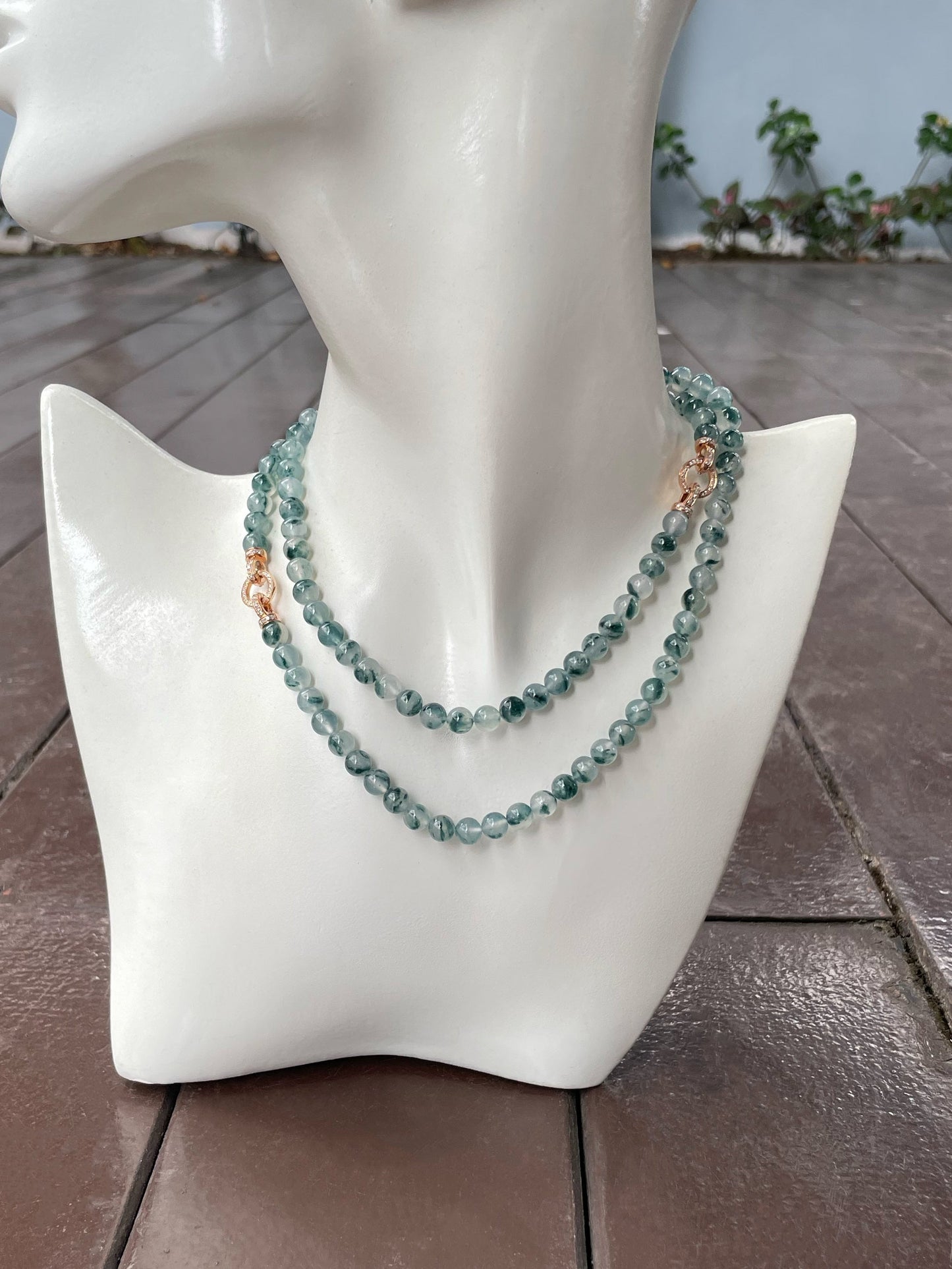 Icy Bluish Flower Jade Beads Necklace (NJN028)