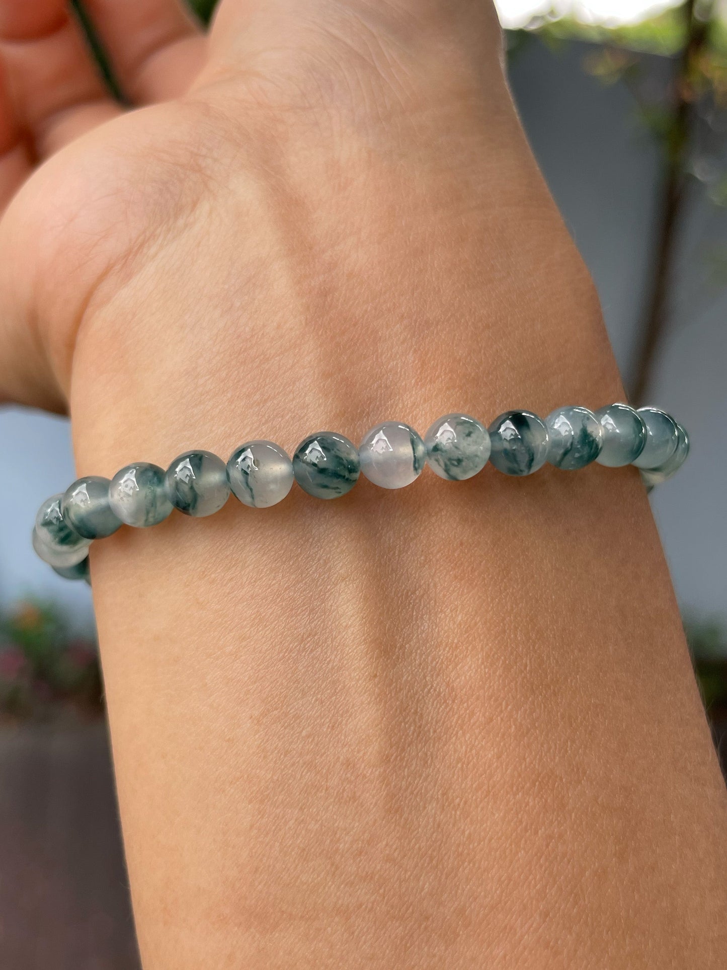 Icy Bluish Flower Jade Beads Necklace (NJN028)