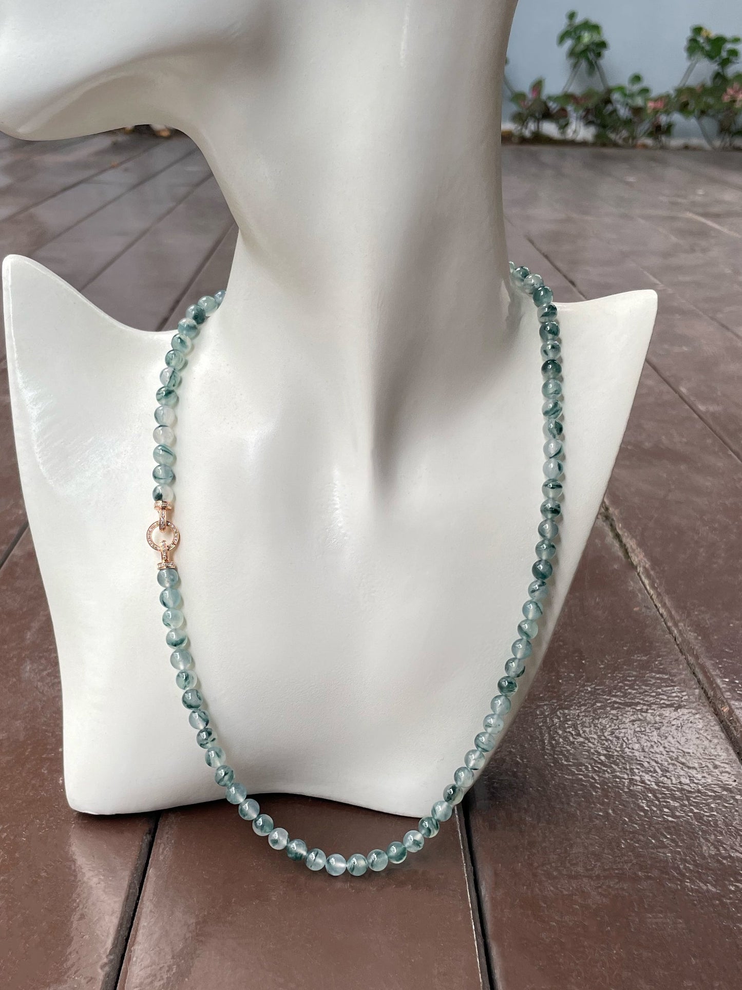 Icy Bluish Flower Jade Beads Necklace (NJN028)