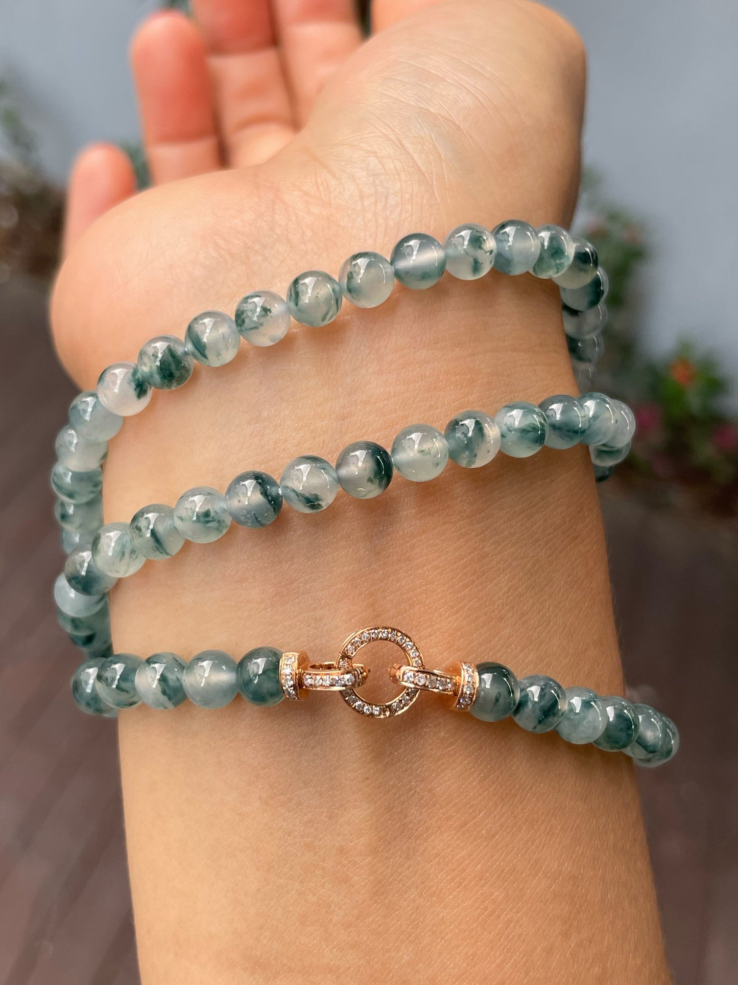 Icy Bluish Flower Jade Beads Necklace (NJN028)