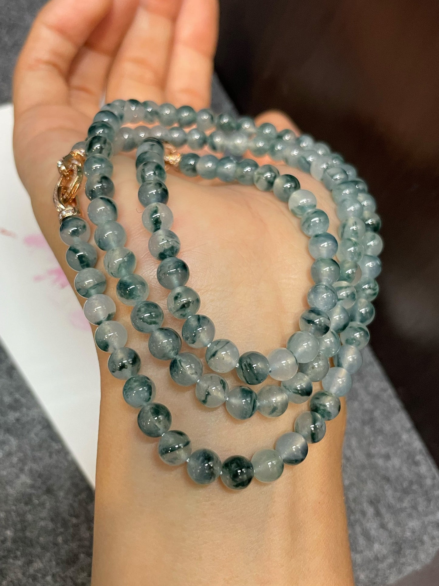 Icy Bluish Flower Jade Beads Necklace (NJN028)
