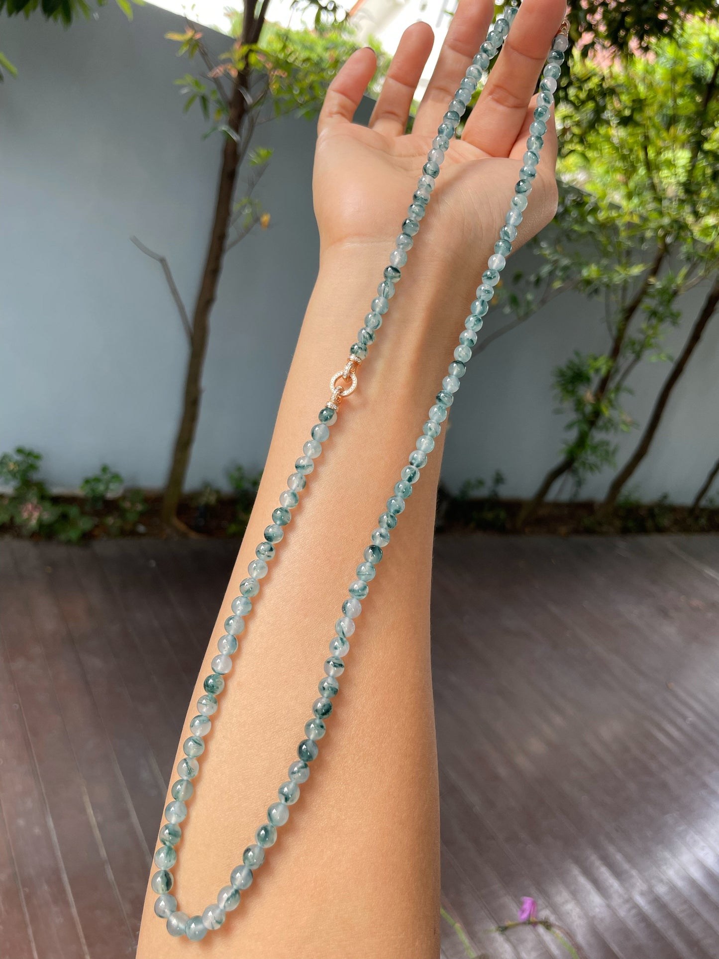 Icy Bluish Flower Jade Beads Necklace (NJN028)