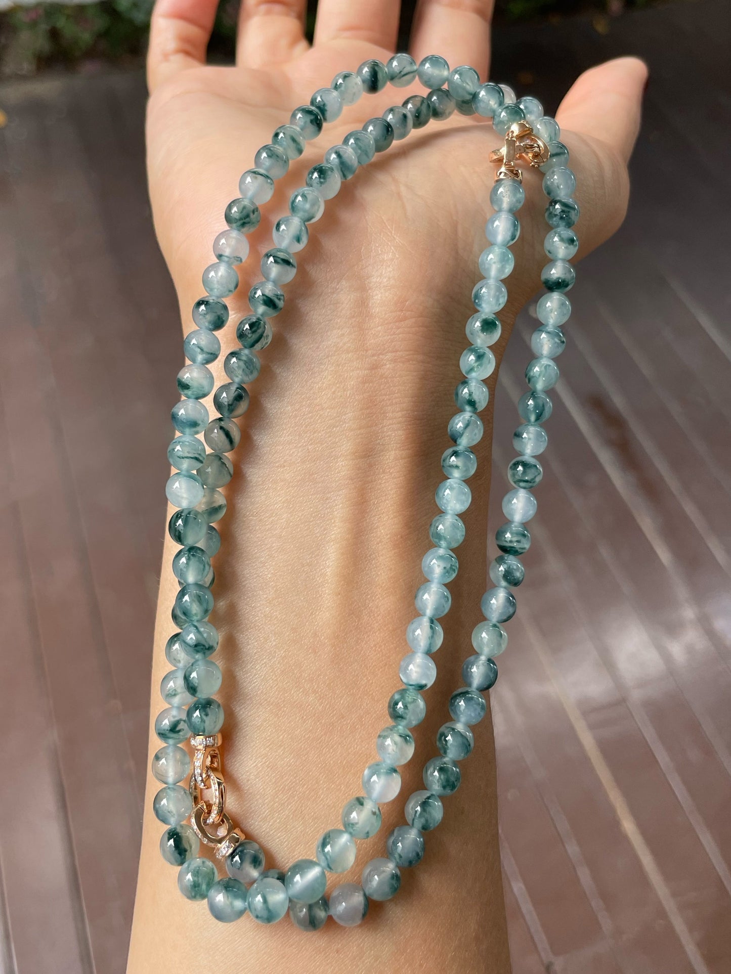 Icy Bluish Flower Jade Beads Necklace (NJN028)