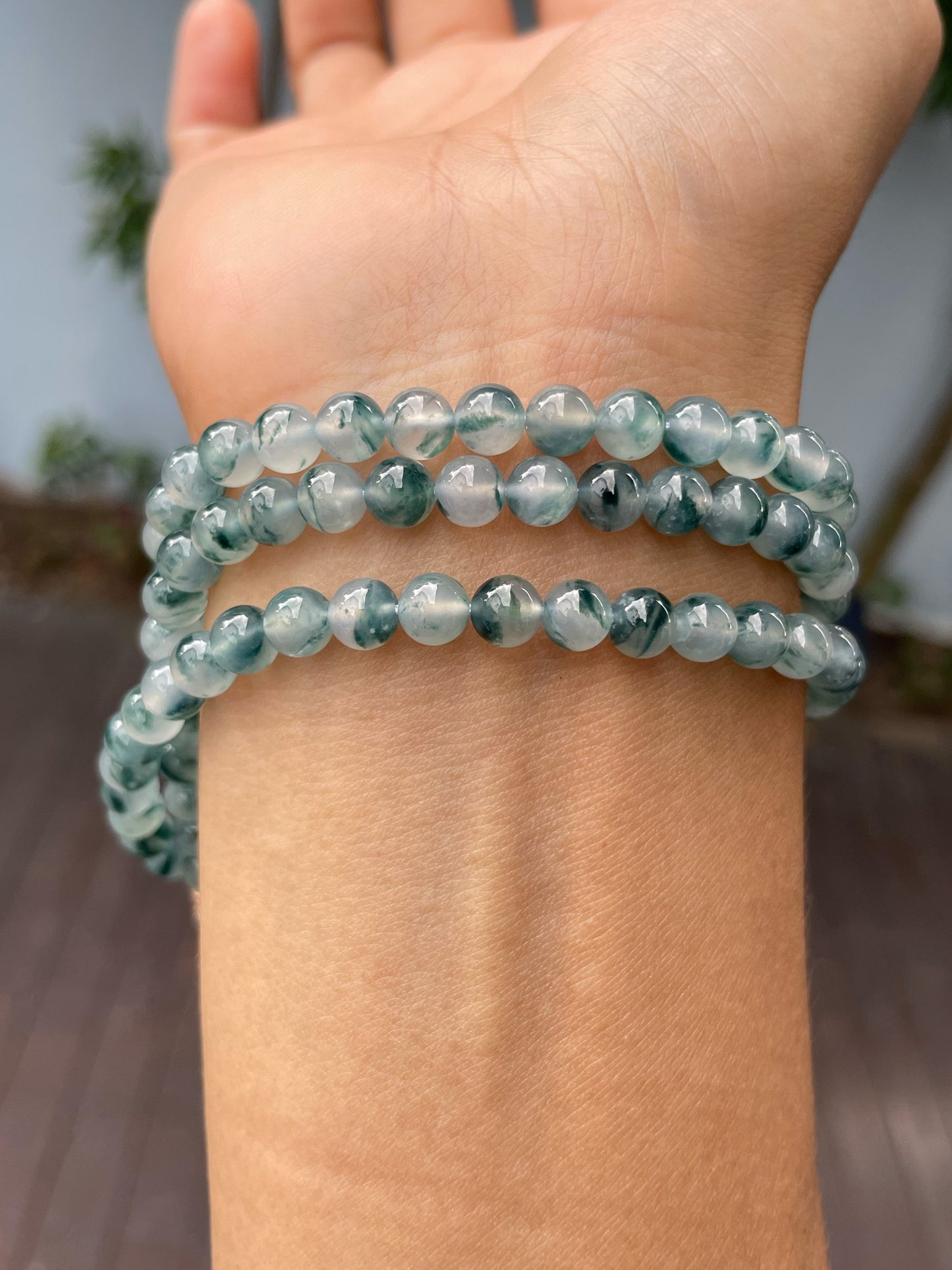 Icy Bluish Flower Jade Beads Necklace (NJN028)