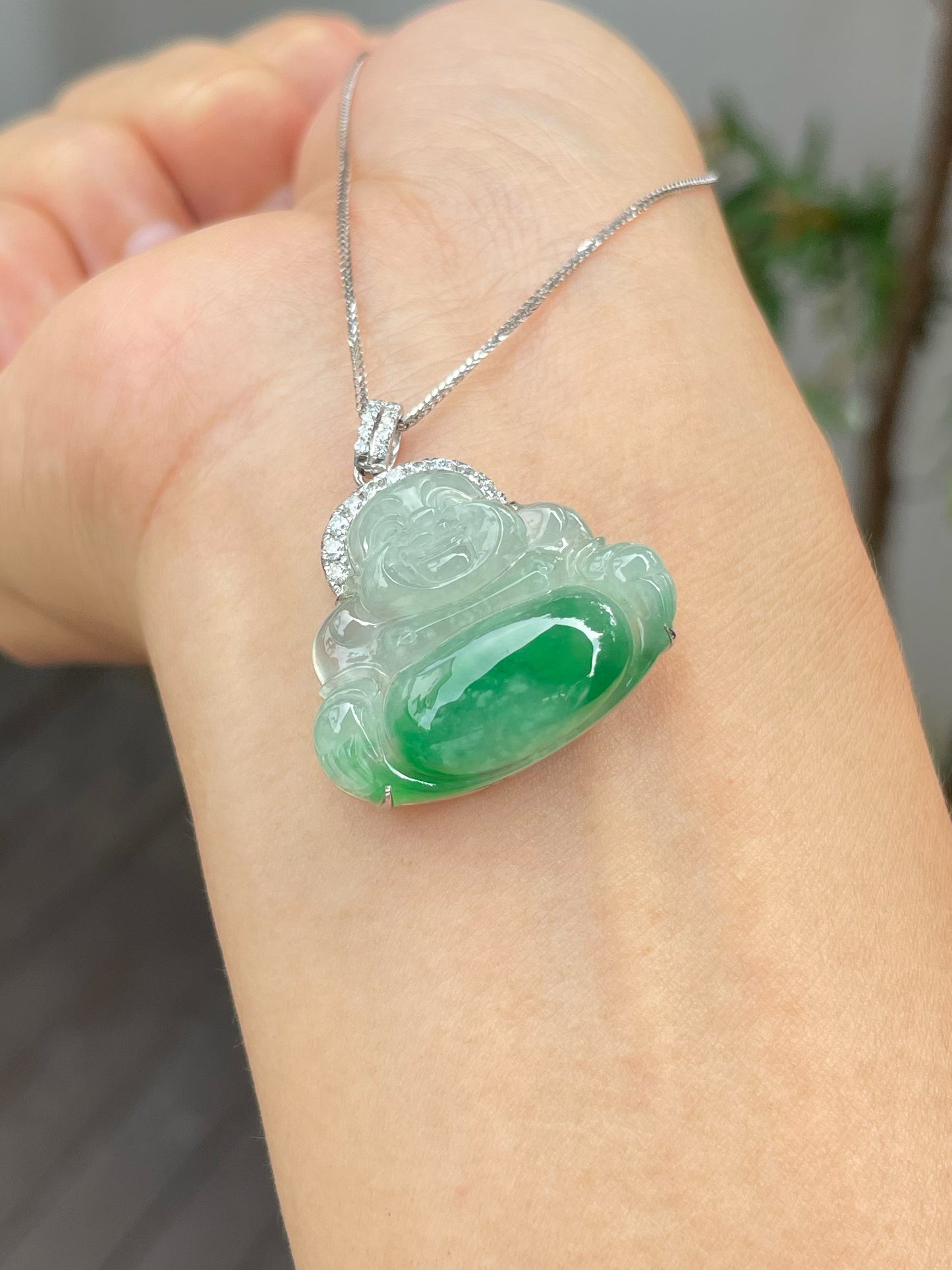 Green Jadeite Pendant - Laughing Buddha 笑佛 (NJP010)