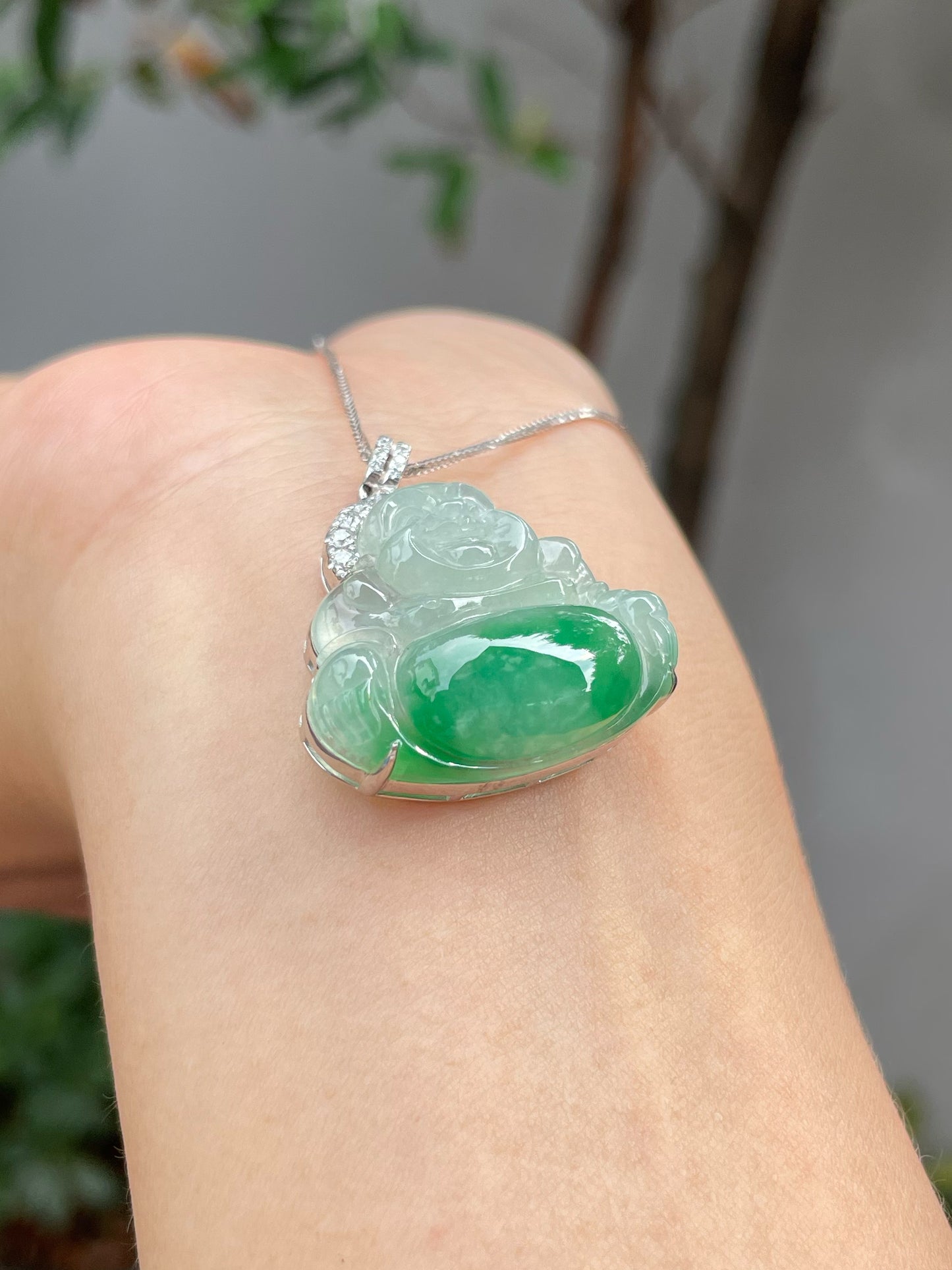 Green Jadeite Pendant - Laughing Buddha 笑佛 (NJP010)