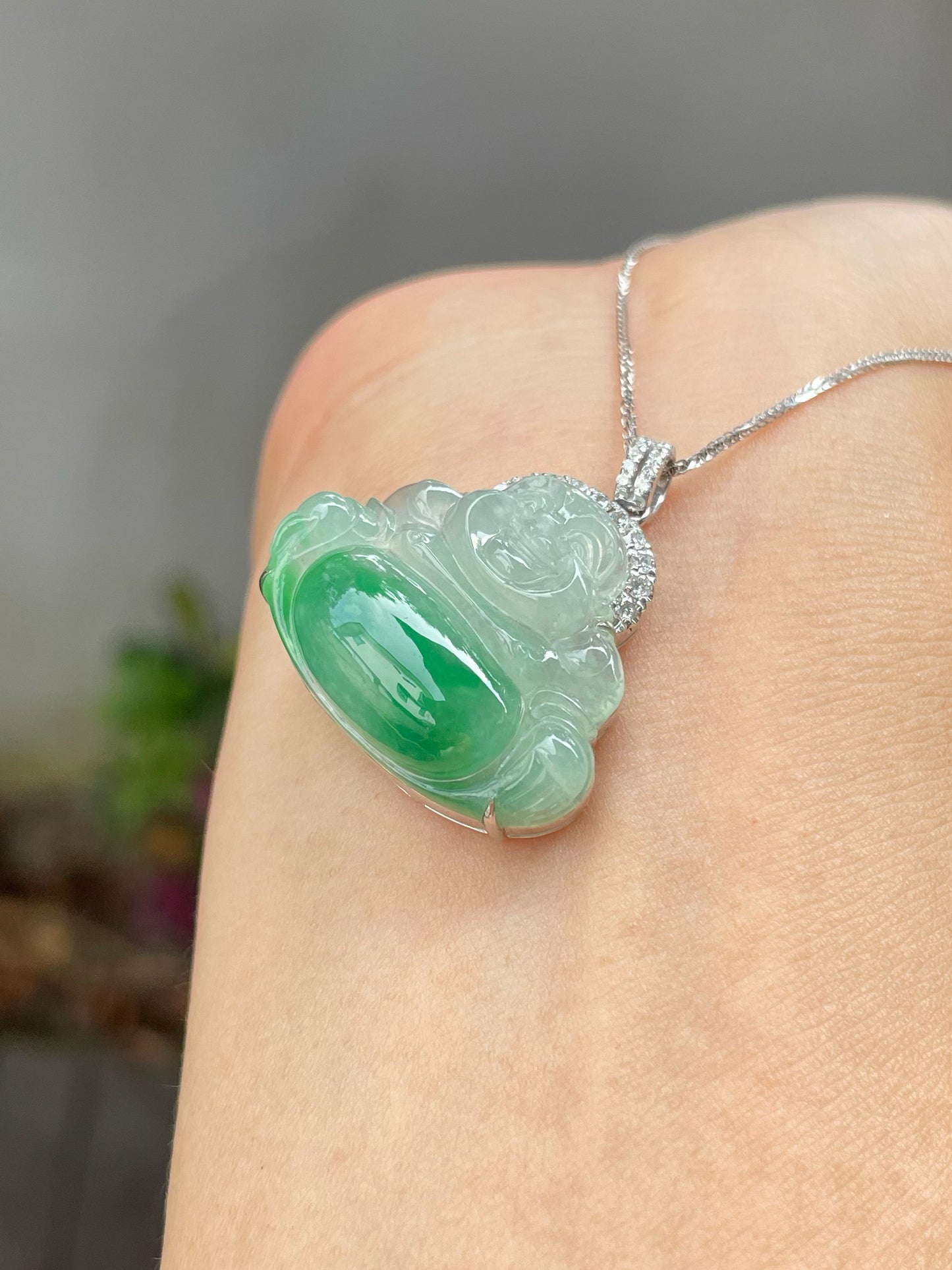 Green Jadeite Pendant - Laughing Buddha 笑佛 (NJP010)